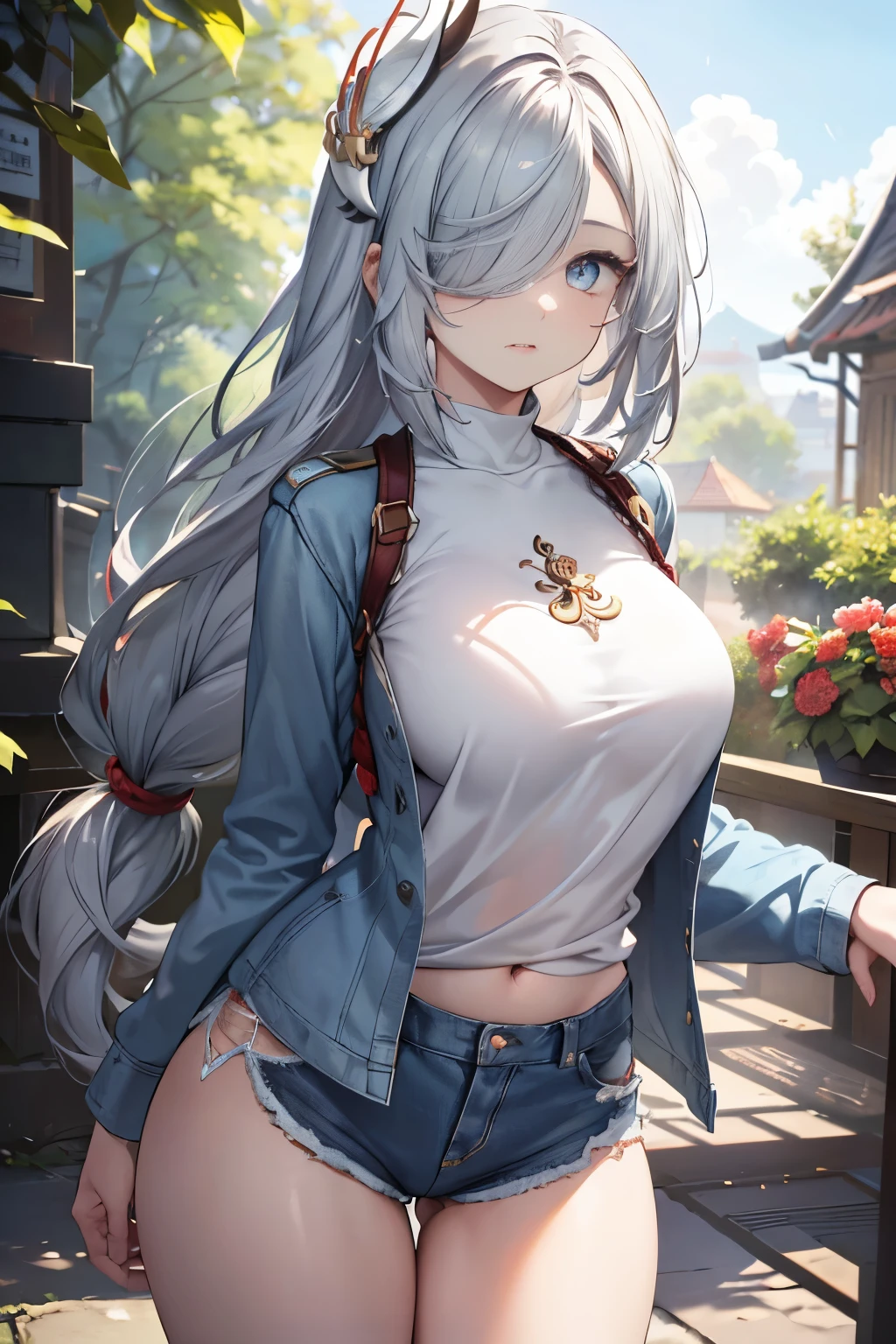 ShenheV4, (Shenhe in loose tshirt), denim jacket, denim shorts, (solo:1.1), (mature woman:1.2), beautiful face, (detailed eyes), symmetric eyes, (thin lips), (long hair, grey hair, braid, hair over one eye, hair ornament), (beautiful round breasts), voluptuous body, slim waist, (masterpiece, best qualty), soft ambient lighting, standing, front view, vivid colors, sunny day, blue sky, looking at the viewer, slim waist, HD, 8K, vivid colors, intricate, (absurdres:1.2), bokeh, ((detailed face)), facial details, (pov thighs)