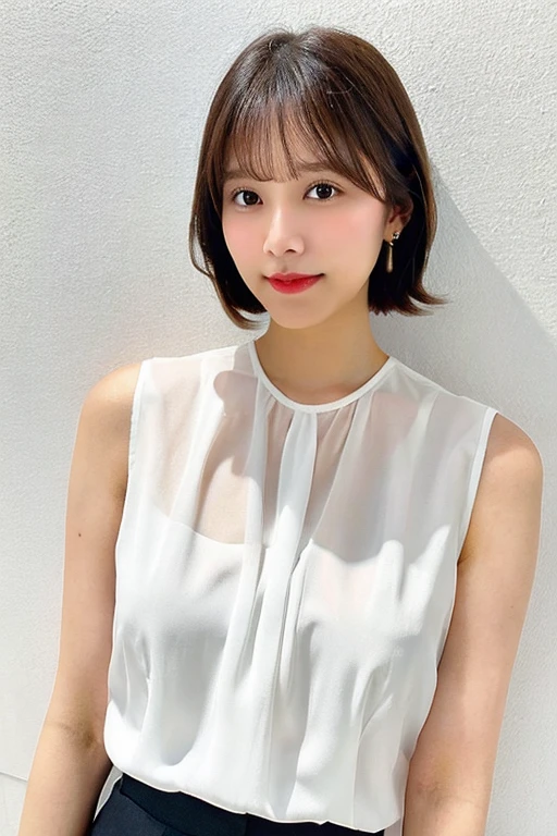 White sleeveless blouse、white background、have smart-phone