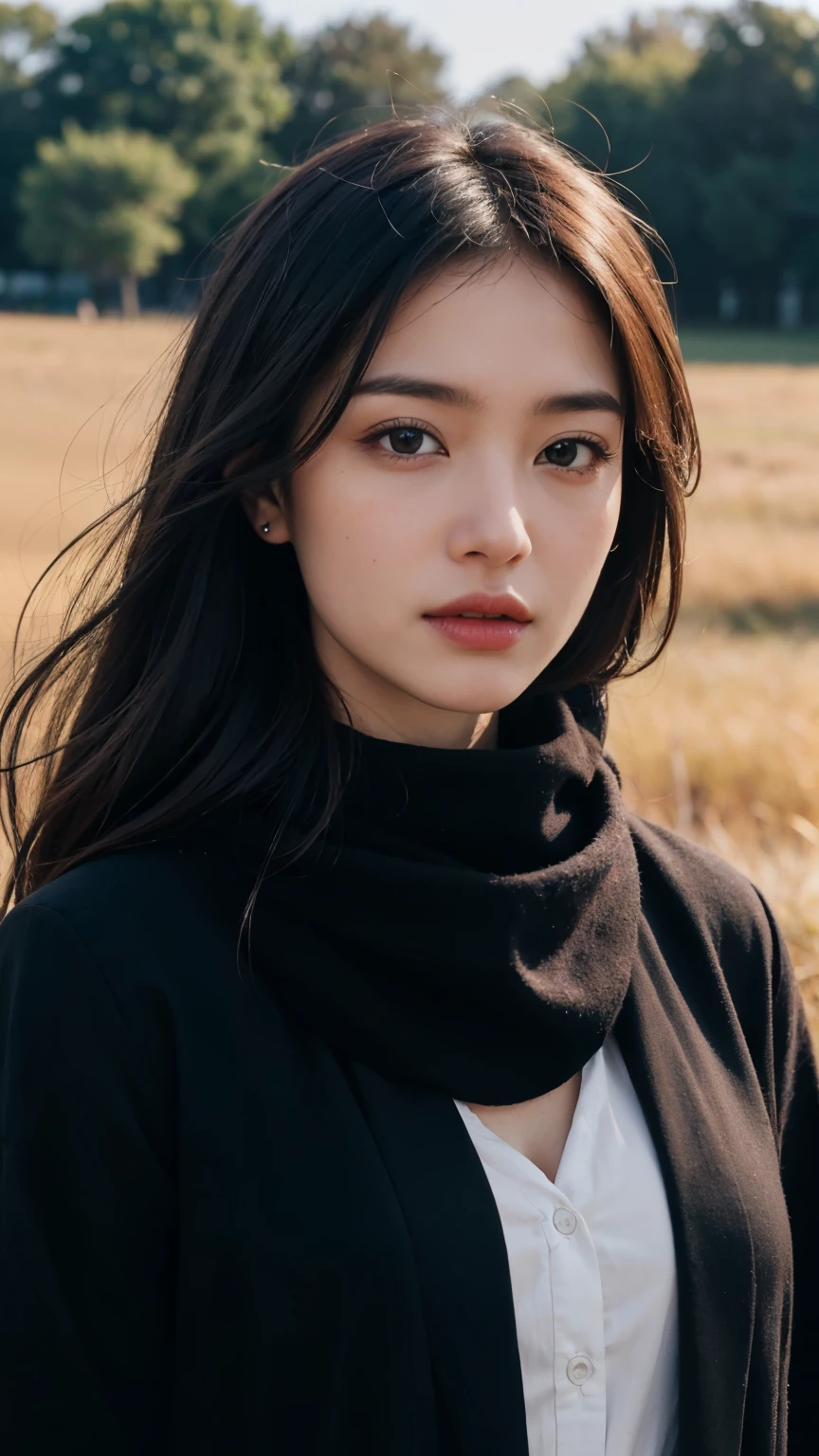 8k, best quality, masterpiece, realistic, ultra detail, photo realistic, Increase quality, 
a photo of a girl standing in a field with a scarf, in the style of dark and brooding designer, voluminous mass, photobash, serene faces, jagged edges, navy, natural beauty, close-up shot
