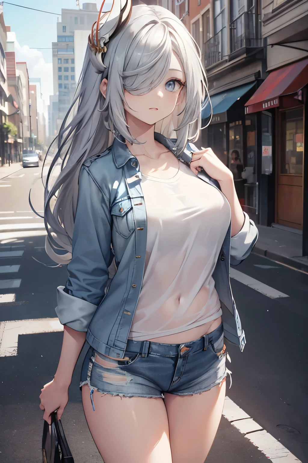 ShenheV4, (Shenhe in loose tshirt), denim jacket, denim shorts, (solo:1.1), (mature woman:1.2), beautiful face, (detailed eyes), symmetric eyes, (thin lips), (long hair, grey hair, braid, hair over one eye, hair ornament), (beautiful round breasts), voluptuous body, slim waist, (masterpiece, best qualty), soft ambient lighting, standing, front view, city street background, road, buildings, vivid colors, sunny day, blue sky, looking at the viewer, slim waist, HD, 8K, vivid colors, intricate, (absurdres:1.2), bokeh, ((detailed face)), facial details, (pov thighs)