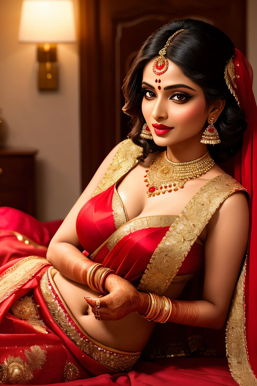 A hot Indian bride, lying on the bed in the intimacy of her wedding night, showcases her seductive allure with massive breasts revealed in her bridal attire. Her lustful gaze, adorned with smoky eye makeup and red lipstick, exudes an irresistible sensuality. The vivid colors of her traditional red saree, intricately decorated with gold borders, contrast magnificently against the cool, marble bedroom backdrop. This ultra-realistic image captures the essence of Indian bridal beauty in exquisite detail: 1.2, 16K resolution, 60MP, Nikon D850, 105mm macro lens,