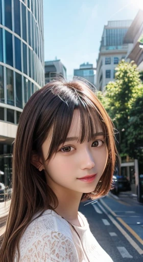 masterpiece, best quality, 8K, disorganized person, (Upper body:1.4), white shirt, beautiful girl, pretty face, looking at the viewer, smile, super realistic, high resolution, new photo, sharp focus, HDR, face light, dynamic lighting, movie lighting, professional shadow, beautiful cityscape background, highest details, very detailed, Super detailed, fine details, real skin, delicate features, detailed face and eyes, sharp pupils、realistic student,playing the violin