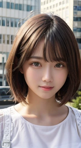 masterpiece, best quality, 8K, disorganized person, (Upper body:1.4), white shirt, beautiful girl, pretty face, looking at the viewer, smile, super realistic, high resolution, new photo, sharp focus, HDR, face light, dynamic lighting, movie lighting, professional shadow, beautiful cityscape background, highest details, very detailed, Super detailed, fine details, real skin, delicate features, detailed face and eyes, sharp pupils、realistic student,playing the violin