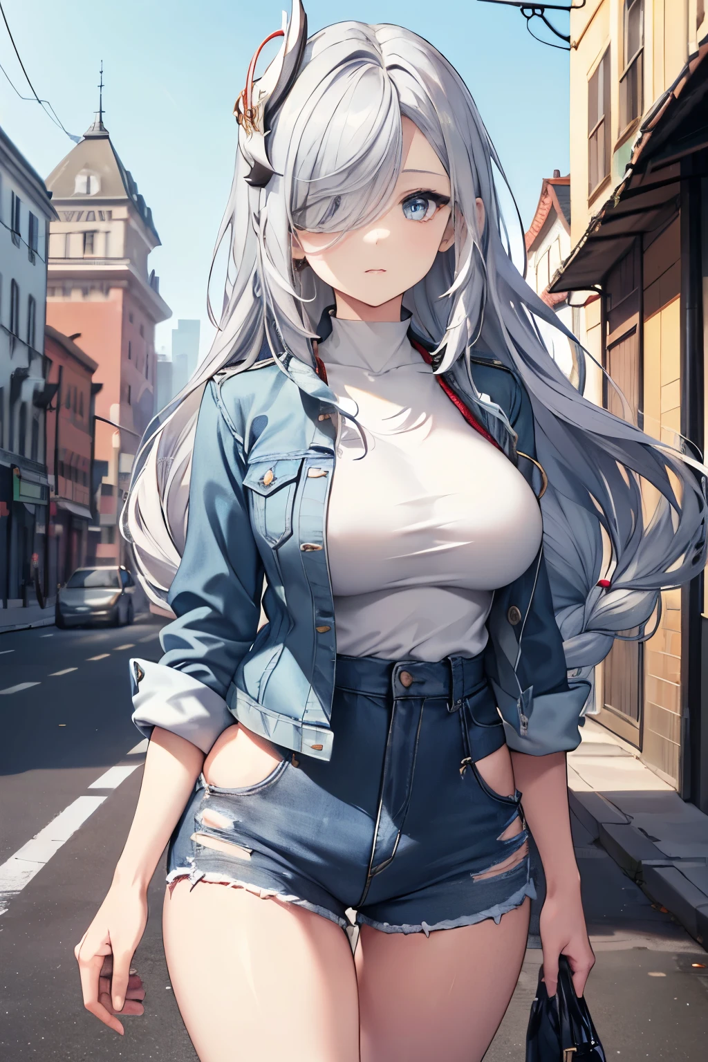 ShenheV4, (Shenhe wearing denim jacket), white top, denim shorts, (solo:1.1), (mature woman:1.2), beautiful face, (detailed eyes), symmetric eyes, (thin lips), (long hair, grey hair, braid, hair over one eye, hair ornament), (beautiful round breasts), voluptuous body, slim waist, (masterpiece, best qualty), soft ambient lighting, standing, front view, city street background, road, buildings, vivid colors, sunny day, blue sky, looking at the viewer, slim waist, HD, 8K, vivid colors, intricate, (absurdres:1.2), bokeh, ((detailed face)), facial details, (pov thighs)