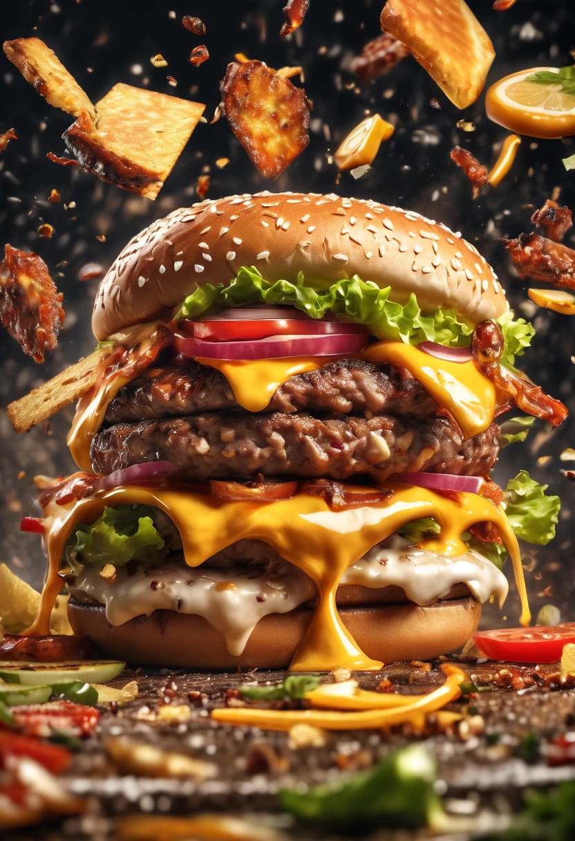 A burger falling in pieces juicy, tasty, hot, promotional photo, intricate details, hdr, cinematic, adobe lightroom, highly detailed