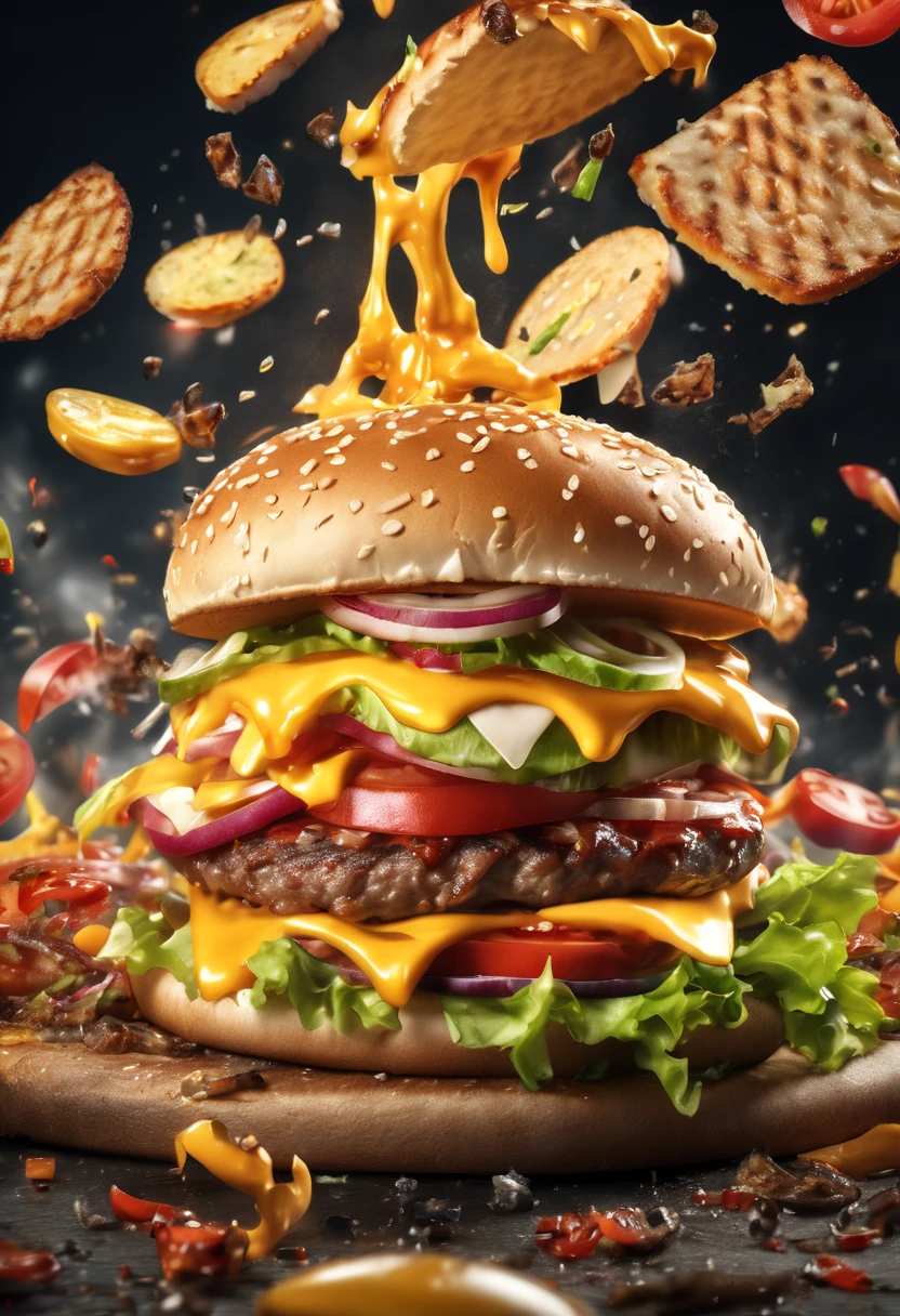 A burger falling in pieces juicy, tasty, hot, promotional photo, intricate details, hdr, cinematic, adobe lightroom, highly detailed