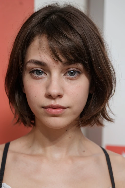 Chica adolescente, flaca, short straight hair brown bangs big blue eyes sadness pale skin small nose