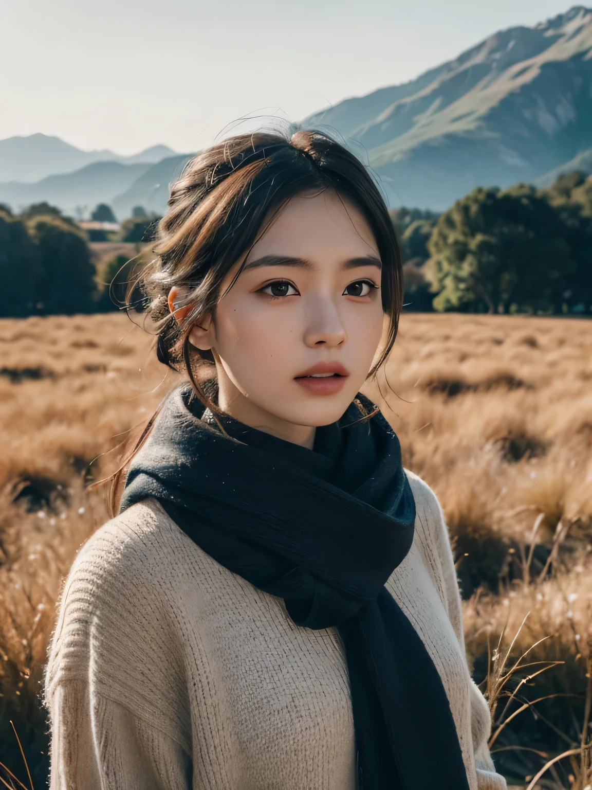 8k, best quality, masterpiece, actual, Ultra-detailed, photo actual, quality improvement, 
Photo of a girl wearing a scarf standing in a field, Dark and brooding designer style, lots of quality, Photo display, calm face, jagged edges, navy, natural beauty, close-up
