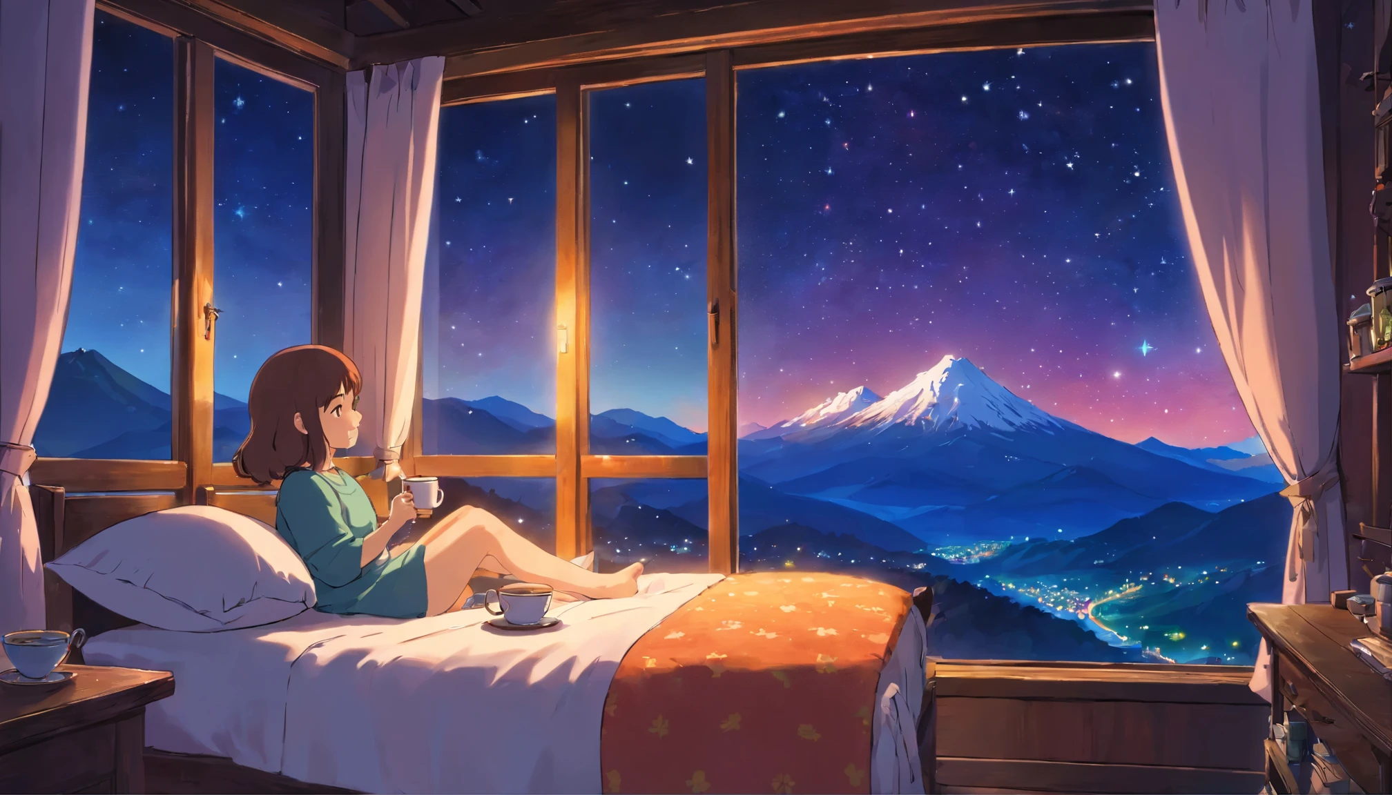 a girl enjoying beautiful scenery from window with a cup of hot tea on table, bed, night sky, shining stars, mountains, cozy