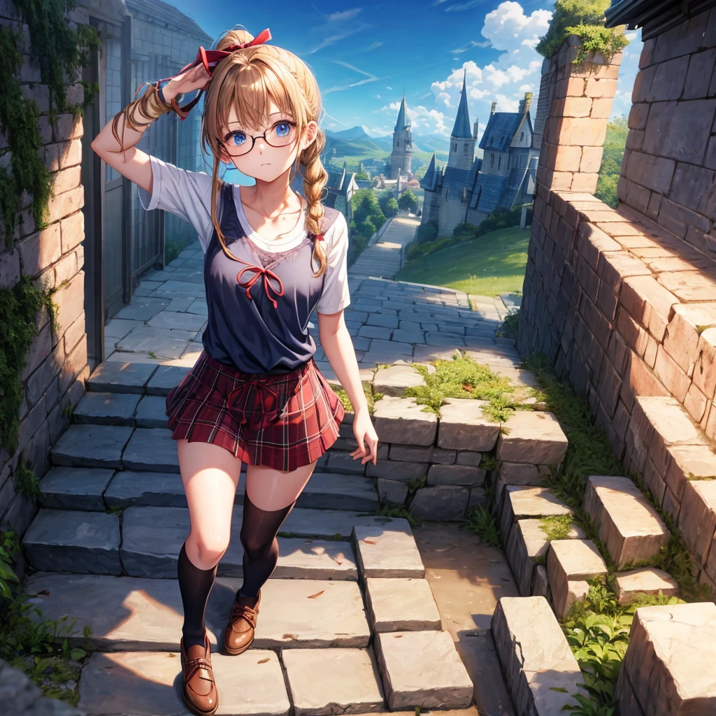 reddish-brown blonde、blue hair、blue eyes、ponytail、Braid、one good looking girl、solo、anime、Plaid miniskirt、camisole、black t-shirt、Tilting your face、Doing the ribbon、Ribbon at waist、sunset sky、stone stairs、tunnel、Fallen leaves、wearing glasses、Light and shadow、maze、monster castle、lanthanum、corridor、Black socks、mossy stone、One leg is raised、pinwheel、castle floating in the air