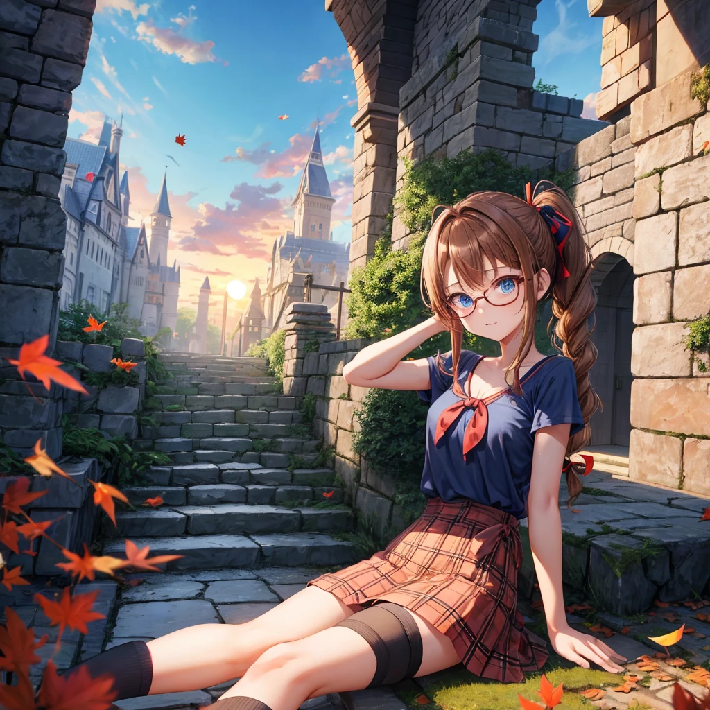 reddish-brown blonde、blue hair、blue eyes、ponytail、Braid、one good looking girl、solo、anime、Plaid miniskirt、camisole、black t-shirt、Tilting your face、Doing the ribbon、Ribbon at waist、sunset sky、stone stairs、tunnel、Fallen leaves、wearing glasses、Light and shadow、maze、monster castle、lanthanum、corridor、Black socks、mossy stone、One leg is raised、pinwheel、castle floating in the air