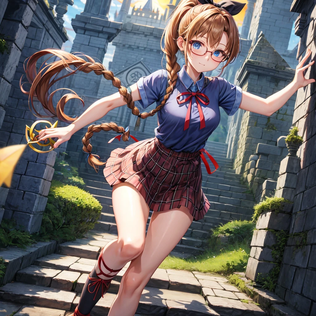 reddish-brown blonde、blue hair、blue eyes、ponytail、Braid、one good looking girl、solo、anime、Plaid miniskirt、camisole、black t-shirt、Tilting your face、Doing the ribbon、Ribbon at waist、sunset sky、stone stairs、tunnel、Fallen leaves、wearing glasses、Light and shadow、maze、monster castle、lanthanum、corridor、Black socks、mossy stone、One leg is raised、pinwheel、castle floating in the air