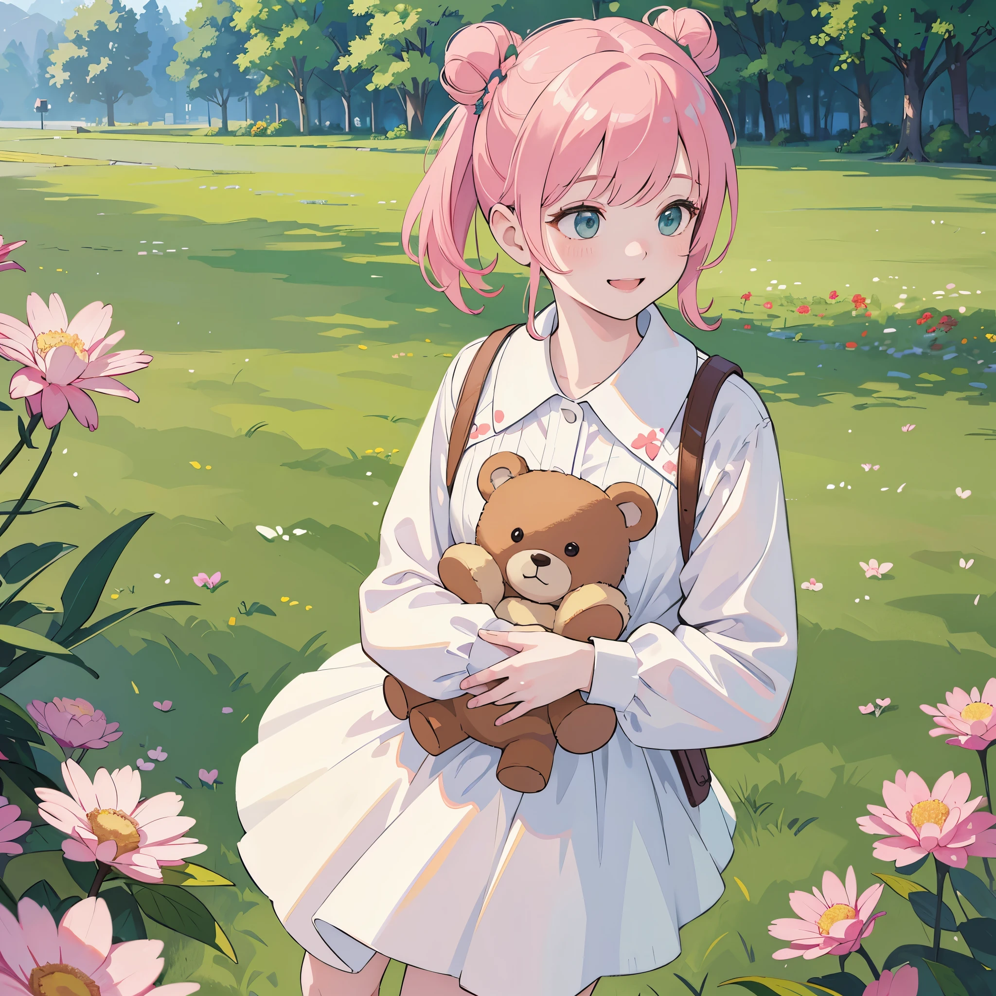 (best quality,4k,8k,highres,masterpiece:1.2),ultra-detailed,(realistic,photorealistic,photo-realistic:1.37),Illustration,Octane Render,morning park,a walking with a teddy bear, the girl has a bun hairstyle and a smiling face, vibrant colors, soft sunlight, beautiful flowers, green grass, playful atmosphere, peaceful environment,detailed textures, vibrant colors, cute teddy bear outfit, joyful expression