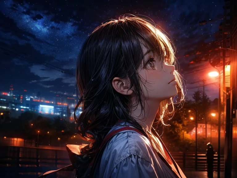 ((masterpiece, In 8K, High resolution, realistic)), (masterpiece, side light, fine and beautiful eyes: 1.2), ((Distant view)), Anime style, 1woman, anime characters in a scene with a sky background, your name movie style, Stills in TV anime, yourname, Night sky, starry night, moonlit night, (((looking away from camera))), (((Looking up at the night sky))), Calm, Soft dramatic lighting, depth of fields, Bokeh, vibrant detail, hyper realistic