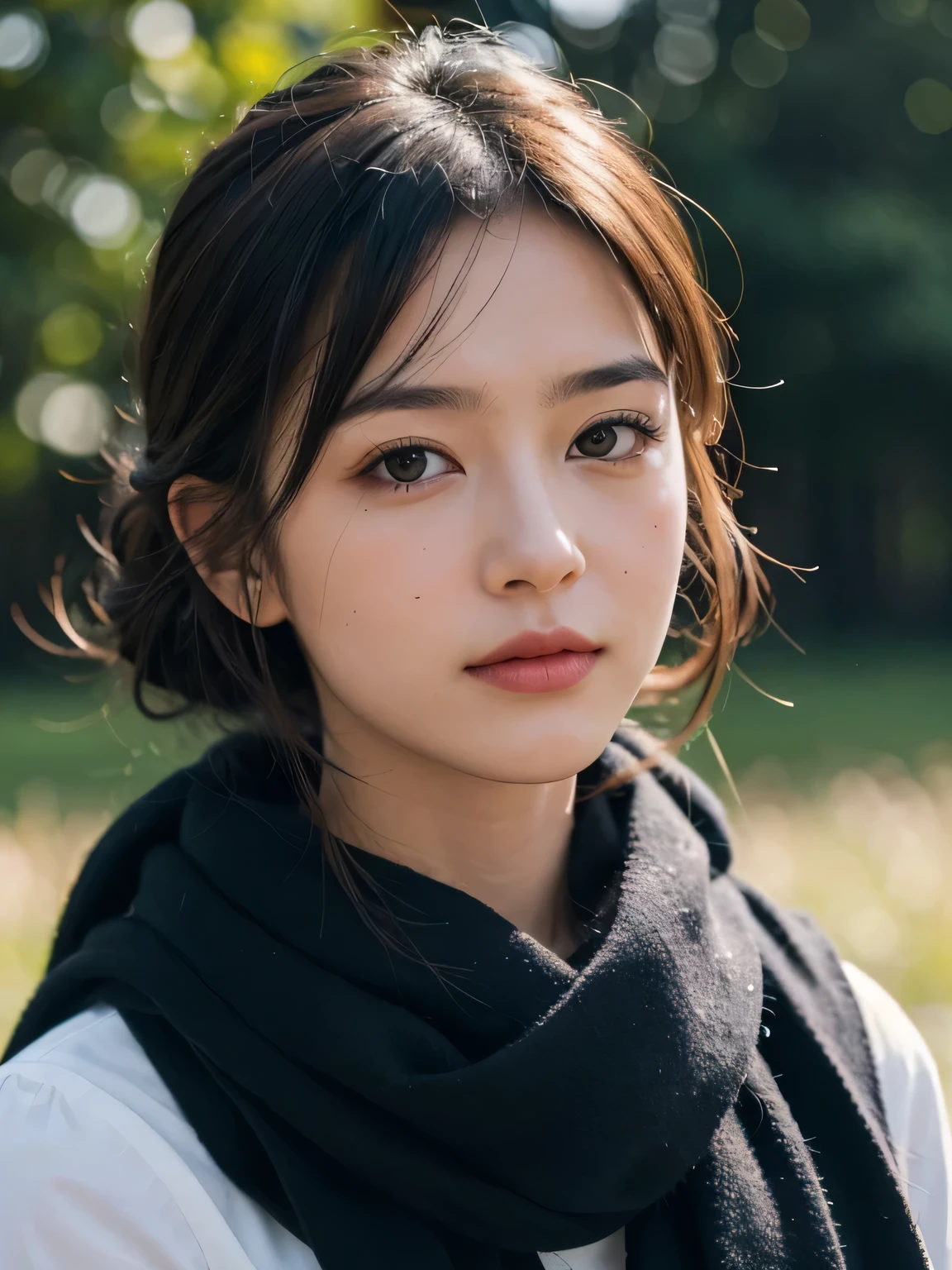 8k, best quality, masterpiece, actual, Ultra-detailed, photo actual, quality improvement,
Photo of a girl wearing a scarf standing in a field, Dark and brooding designer style, lots of quality, Photo display, calm face, jagged edges, navy, natural beauty, close-up