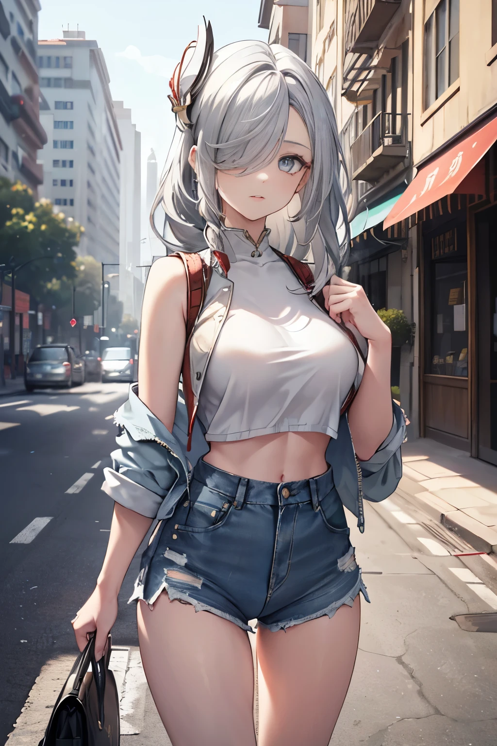 ShenheV4, (Shenhe wearing denim jacket), white top, denim shorts, (solo:1.1), (mature woman:1.2), beautiful face, (detailed eyes), symmetric eyes, (thin lips), (long hair, grey hair, braid, hair over one eye, hair ornament), (beautiful round breasts), voluptuous body, abs, bare belly, slim waist, (masterpiece, best qualty), soft ambient lighting, standing, front view, city street background, road, buildings, vivid colors, sunny day, blue sky, looking at the viewer, slim waist, HD, 8K, vivid colors, intricate, (absurdres:1.2), bokeh, ((detailed face)), facial details, (pov thighs)