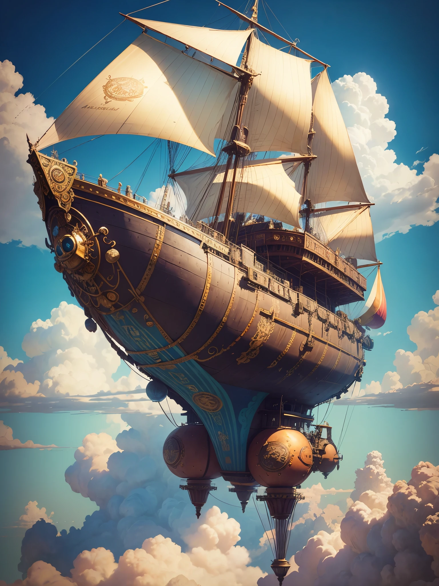 A psychedelic steampunk airship with the text “Mallow”prominently and Large on the side, adorned with vibrant colors, brass fittings, and intricate gears, surrounded by steam engines, floating with clouds in a vivid blue sky. The airship is designed with a twist of whimsical fantasy, capturing the essence of steampunk aesthetics with a psychedelic touch.