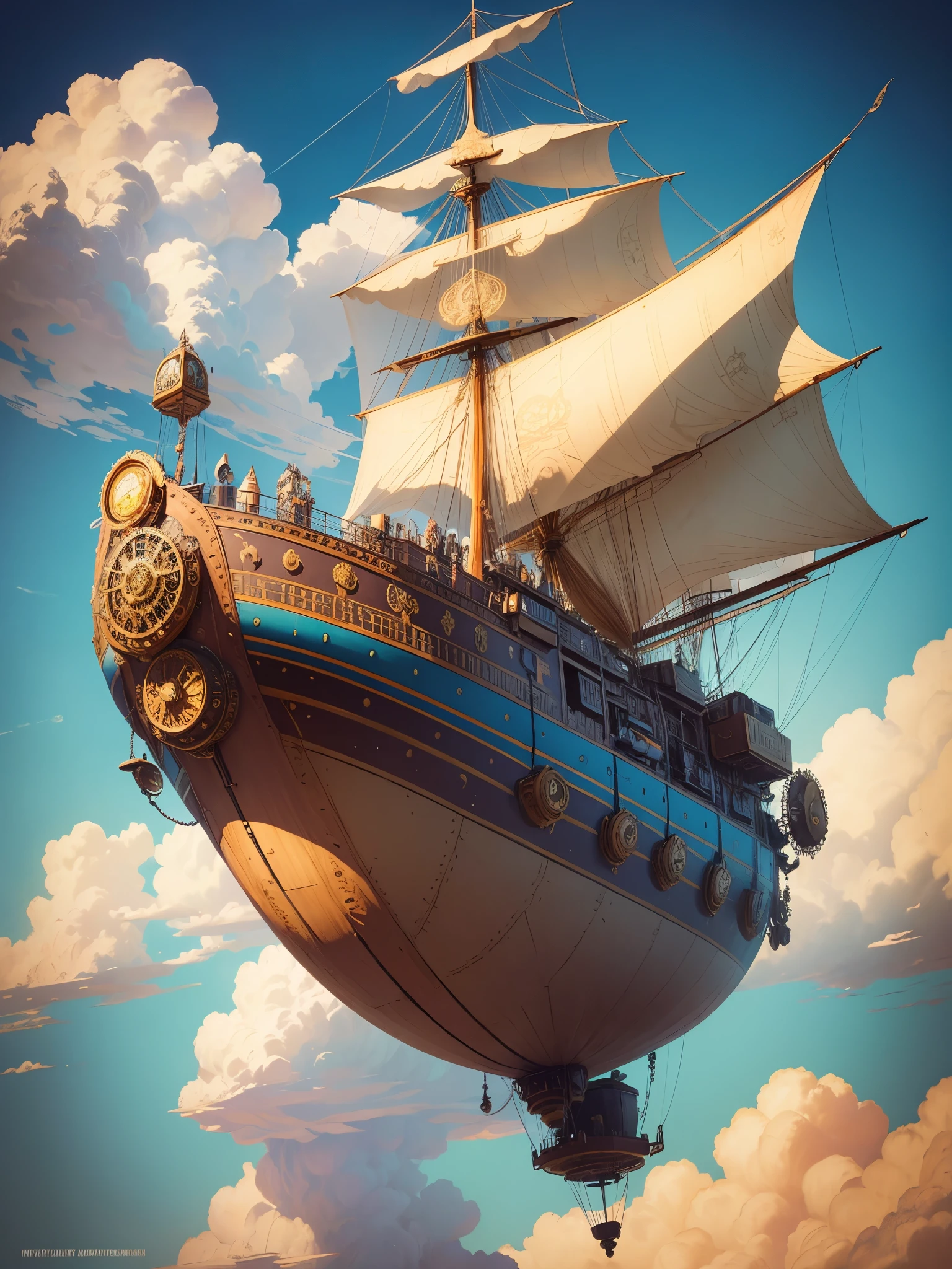 A psychedelic steampunk airship with the text “Mallow”prominently and Large on the side, adorned with vibrant colors, brass fittings, and intricate gears, surrounded by steam engines, floating with clouds in a vivid blue sky. The airship is designed with a twist of whimsical fantasy, capturing the essence of steampunk aesthetics with a psychedelic touch.