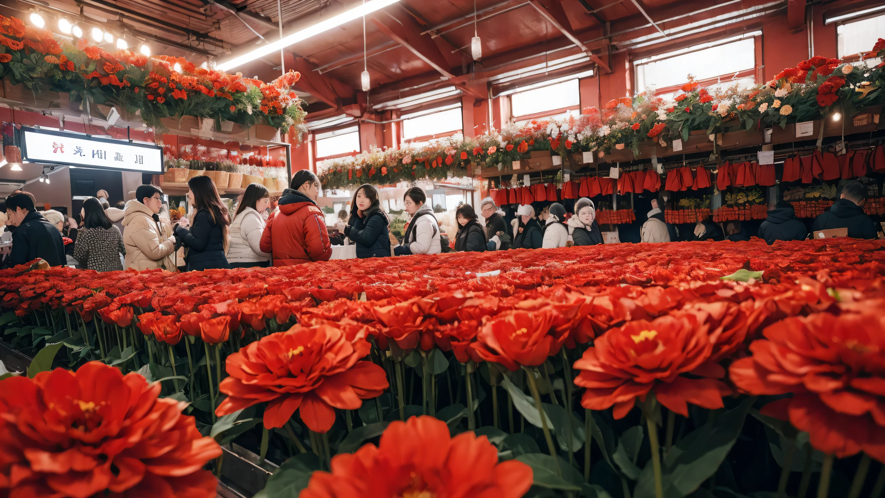 masterpiece, top quality, Super details, 8k, Detail lights, Detailed shadows, Thick red New Year atmosphere,Indoor flower market scene,Flowers come in many varieties and colors,Lively