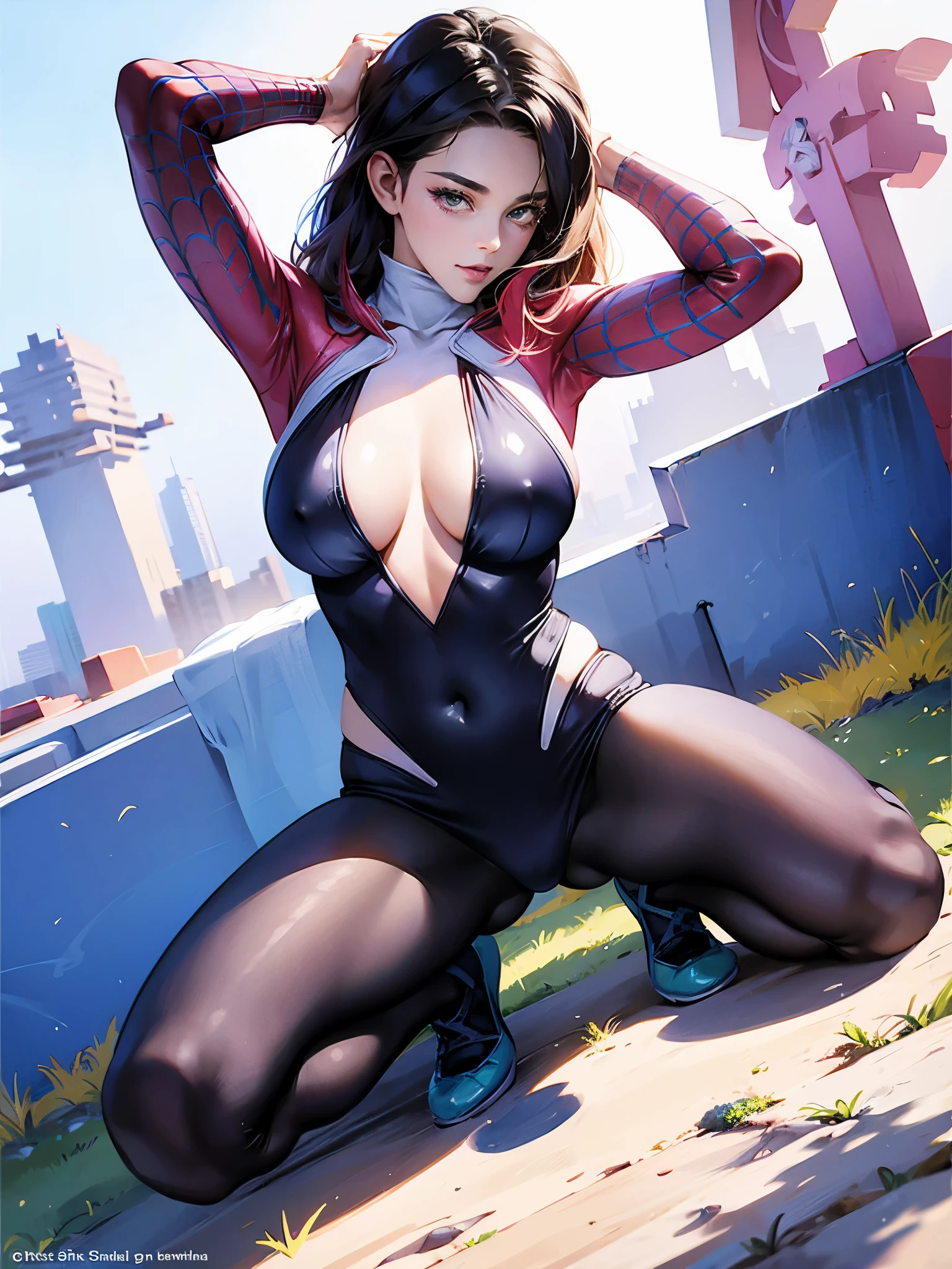 1 female has perfect body,wearing A loose Spider Man Uniform,kneeing on the roof,Hands behind head,Spreading legs