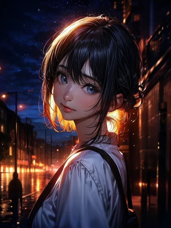 ((masterpiece, In 8K, High resolution, realistic)), (masterpiece, side light, fine and beautiful eyes: 1.2), ((Distant view)), Anime style, 1woman, anime characters in a scene with a sky background, your name movie style, Stills in TV anime, yourname, Night sky, starry night, moonlit night, (((looking away from camera))), (((Looking up at the night sky))), Calm, Soft dramatic lighting, depth of fields, Bokeh, vibrant detail, hyper realistic