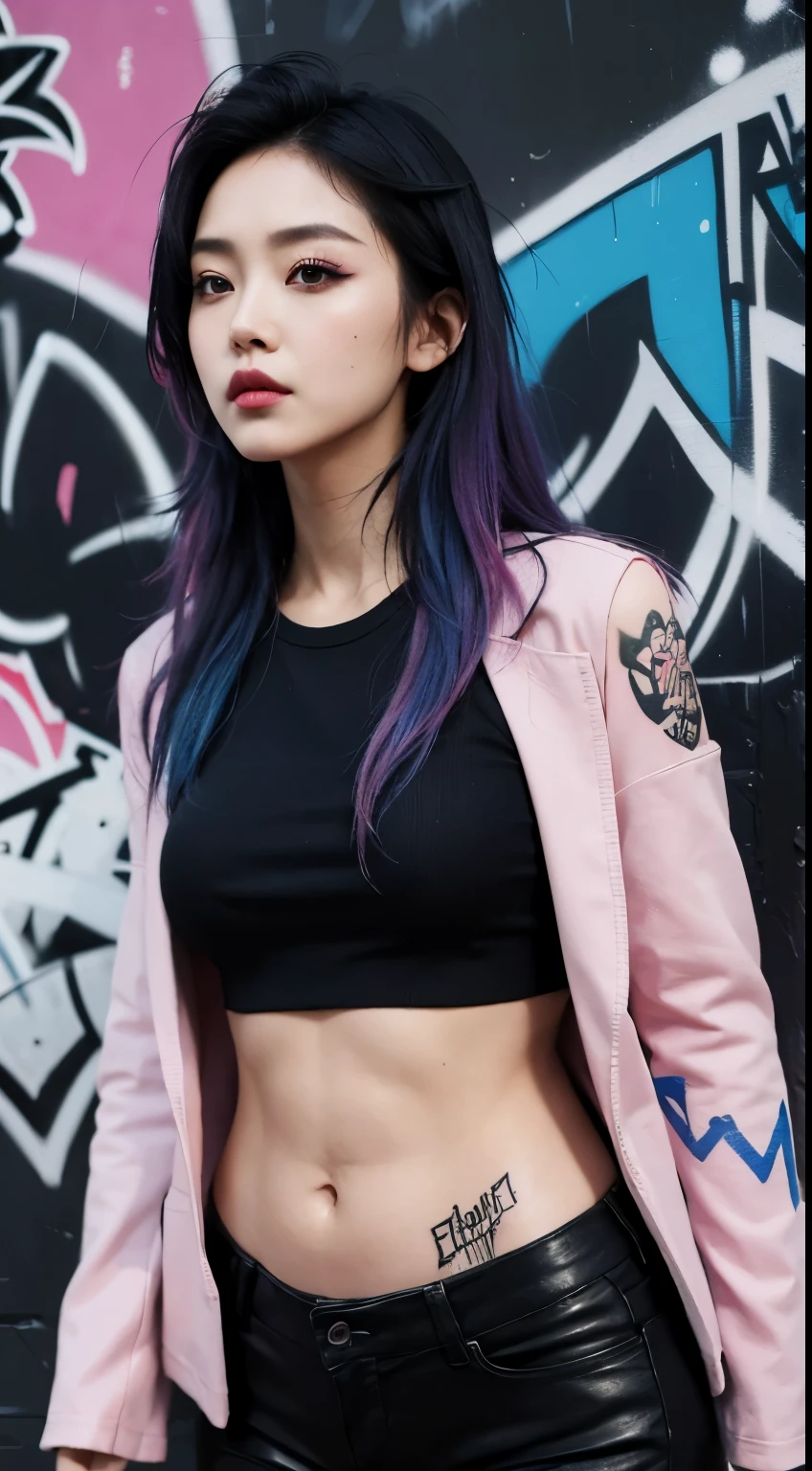Realistic skin, best quality, Clarity, 4k, 8k, detail, actual, tattoed Girl, Korean makeup, black lips, pink and blue medium mullet hair, Perfect six pack body, stand, pose standing, medium chest, dark blazer top, black legging Pants, Solid graffiti wall background, Graffiti art,