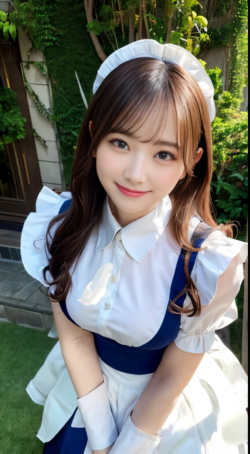 masterpiece,best quality,ultra detailed,4K,super fine,highly detailed beautiful face and eyes,professional lighting,bright atmosphere,1girl,gigantic breasts,glamor,(traditional maid collared shirt:1.3),long skirt,long hair,laughing,fearless smile,(looking up:1.2),flying bubble,(soap bubble,air bubble,bubble:1.1),(clear blue sky:1.2),lens flare,bright,sunlight,outdoors,from below,dynamic angle,