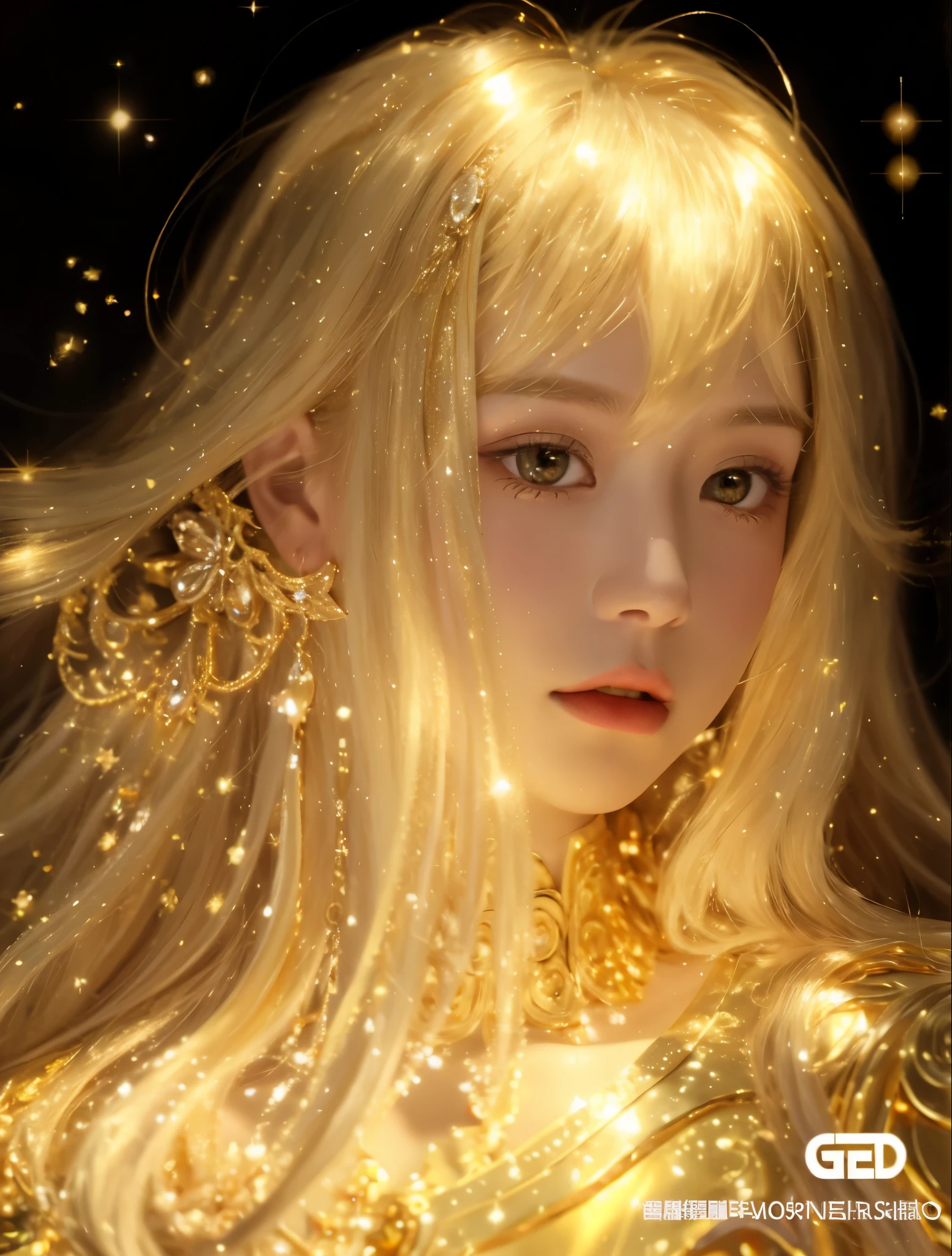 a close up of a woman with long blonde hair and a gold dress, glowing magical shiny skin, golden aura, glittering and soft, glowing golden aura, intricate ornate anime cgi style, gold ethereal light, golden shining eyes, golden glistening, ((a beautiful fantasy empress)), draped in shiny golden oil, the sailor galaxia. beautiful, realistic gold