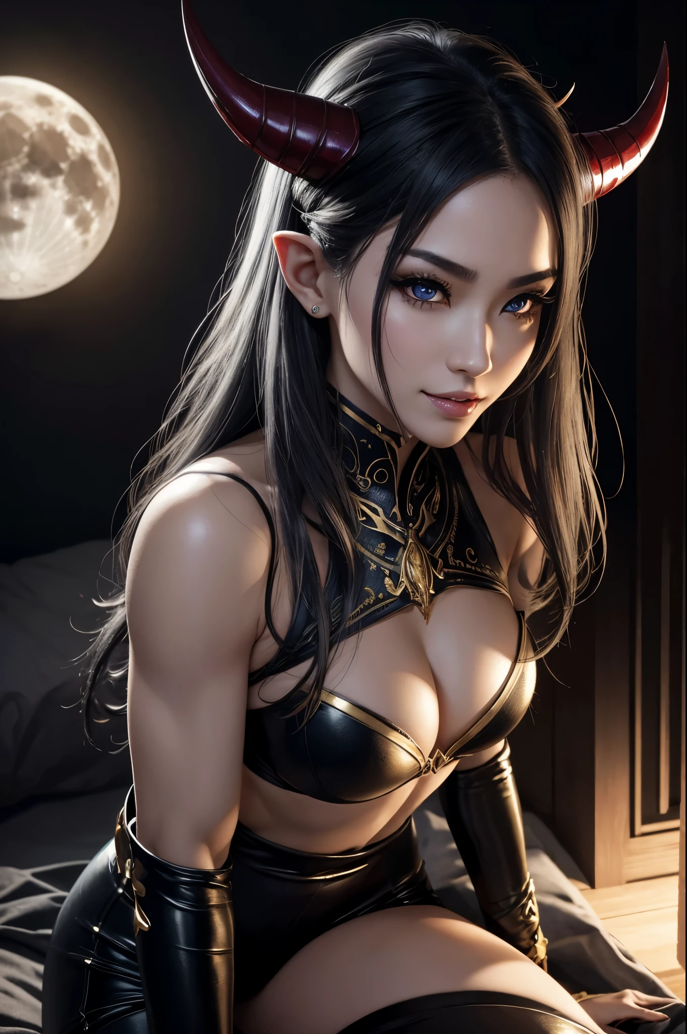 8K,2大きな牙を持つgray hair perm hair,sexyなランジェリーで非常に大きな胸を持つ女王の接写(Super realisticな肌), Super beautiful(like the real thing),elf ears,2. 5d CGI fantasy artwork,portrait of queen of the underworld, Highly detailed ArtGerm, types of bacteria ; 3Dunreal engine, devil empress, wallop loss draw, up to the model | types of bacteria, Alexandra Fomina Artstation, beautiful succubus surreal Precise details unreal engine,big fangs from the mouth,ultra high resolution,Super realistic,luxurious black and gold pants,sexyな衣装,Precise demon emblem work,Muscular and slim body macho,Muscular slim leg macho,gray hair perm hair,rich colors, Backlight, cinematic lighting, film grain, born, 50mm lens, Nikon D850,ultra high resolution,Super realistic,Makeup,sexy,smile,I see big fangs,激しくstrongly cracked abdominal muscles,golden eyes,Big eyes,very big breasts,whole body muscular,,Super is the moon9strongly cracked abdominal muscles,dark purple eyeshadow,big breast god,dark purple rouge,sharp eyes,Golden eyes,red devil horns,perspective from above,Close-up,超sexyなランジェリー,very big breastsの谷間を強調する,sexyアピール,sex appeal,