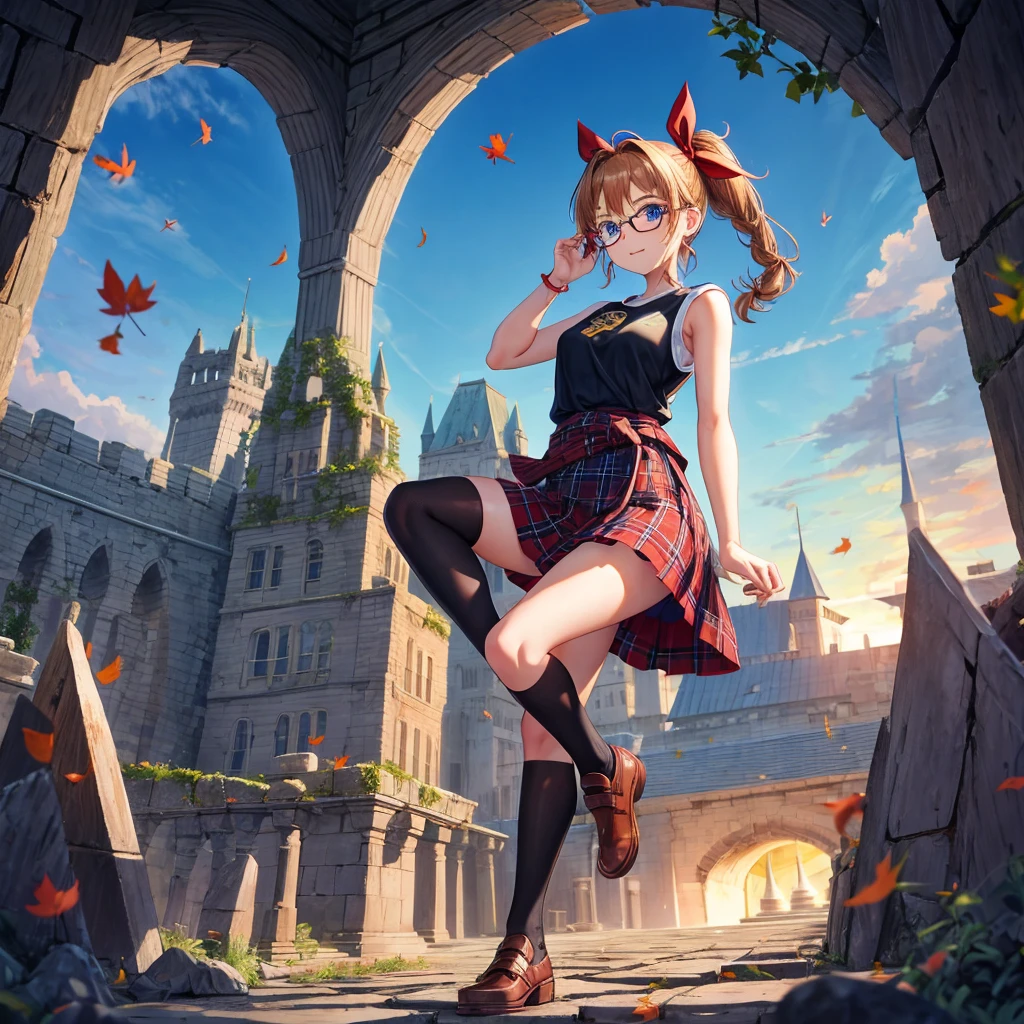reddish-brown blonde、blue hair、blue eyes、ponytail、Braid、one good looking girl、solo、anime、Plaid miniskirt、camisole、black t-shirt、Tilting your face、Doing the ribbon、Ribbon at waist、sunset sky、stone stairs、tunnel、Fallen leaves、wearing glasses、Light and shadow、maze、monster castle、lanthanum、corridor、Black socks、mossy stone、One leg is raised、pinwheel、castle floating in the air