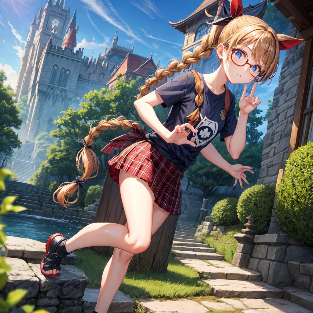 reddish-brown blonde、blue hair、blue eyes、ponytail、Braid、one good looking girl、solo、anime、Plaid miniskirt、camisole、black t-shirt、Tilting your face、Doing the ribbon、Ribbon at waist、sunset sky、stone stairs、tunnel、Fallen leaves、wearing glasses、Light and shadow、maze、monster castle、lanthanum、corridor、Black socks、mossy stone、One leg is raised、pinwheel、castle floating in the air