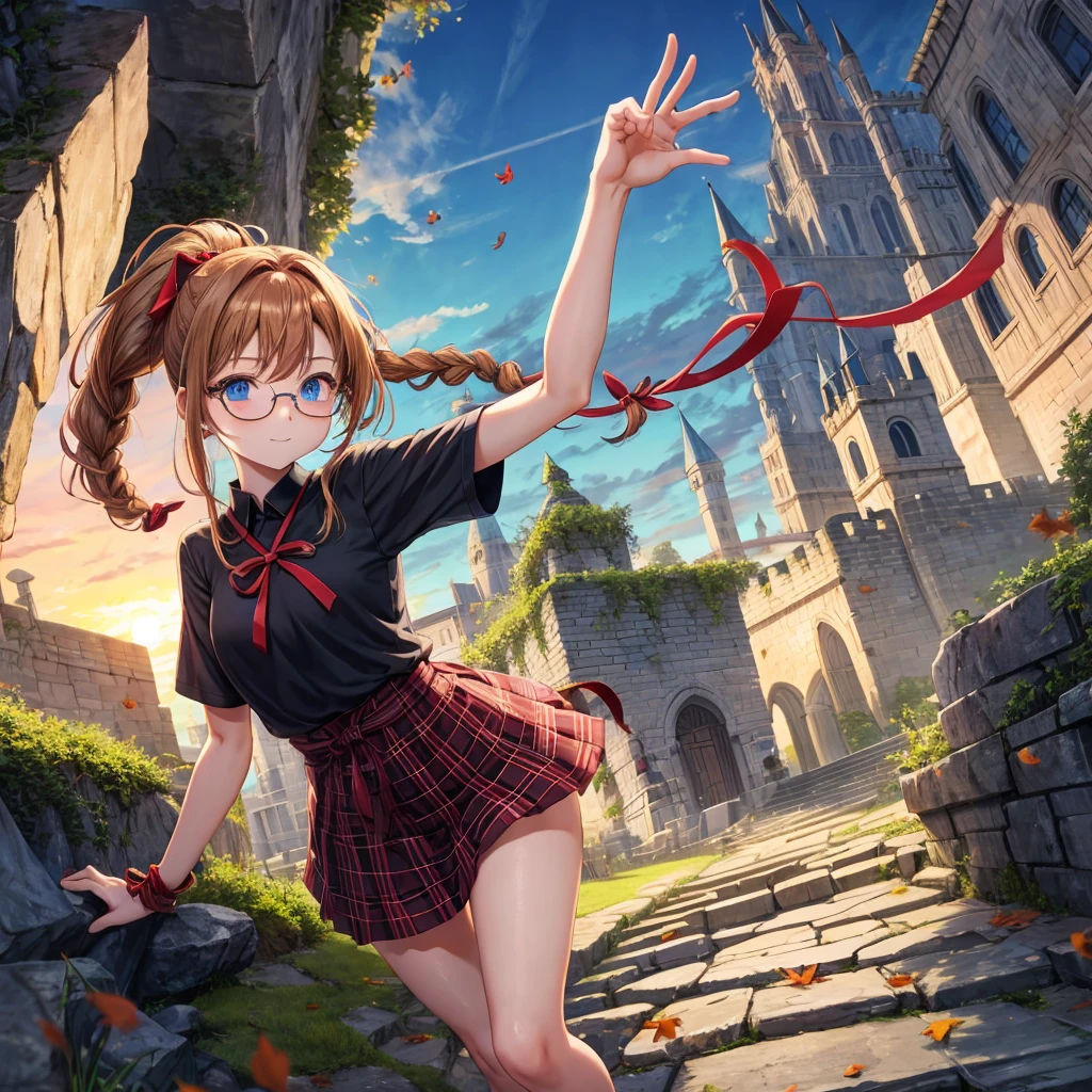 reddish-brown blonde、blue hair、blue eyes、ponytail、Braid、one good looking girl、solo、anime、Plaid miniskirt、camisole、black t-shirt、Tilting your face、Doing the ribbon、Ribbon at waist、sunset sky、stone stairs、tunnel、Fallen leaves、wearing glasses、Light and shadow、maze、monster castle、lanthanum、corridor、Black socks、mossy stone、One leg is raised、pinwheel、castle floating in the air