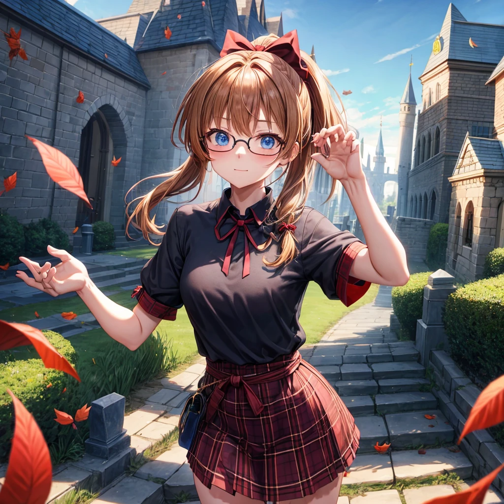 reddish-brown blonde、blue hair、blue eyes、ponytail、Braid、one good looking girl、solo、anime、Plaid miniskirt、camisole、black t-shirt、Tilting your face、Doing the ribbon、Ribbon at waist、sunset sky、stone stairs、tunnel、Fallen leaves、wearing glasses、Light and shadow、maze、monster castle、lanthanum、corridor、Black socks、mossy stone、One leg is raised、pinwheel、castle floating in the air