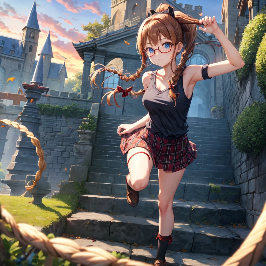 reddish-brown blonde、blue hair、blue eyes、ponytail、Braid、one good looking girl、solo、anime、Plaid miniskirt、camisole、black t-shirt、Tilting your face、Doing the ribbon、Ribbon at waist、sunset sky、stone stairs、tunnel、Fallen leaves、wearing glasses、Light and shadow、maze、monster castle、lanthanum、corridor、Black socks、mossy stone、One leg is raised、pinwheel、castle floating in the air