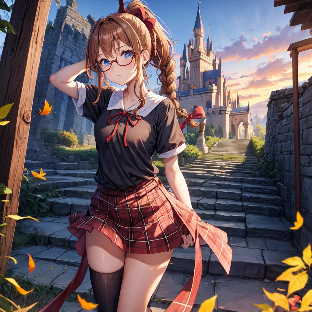 reddish-brown blonde、blue hair、blue eyes、ponytail、Braid、one good looking girl、solo、anime、Plaid miniskirt、camisole、black t-shirt、Tilting your face、Doing the ribbon、Ribbon at waist、sunset sky、stone stairs、tunnel、Fallen leaves、wearing glasses、Light and shadow、maze、monster castle、lanthanum、corridor、Black socks、mossy stone、One leg is raised、pinwheel、castle floating in the air