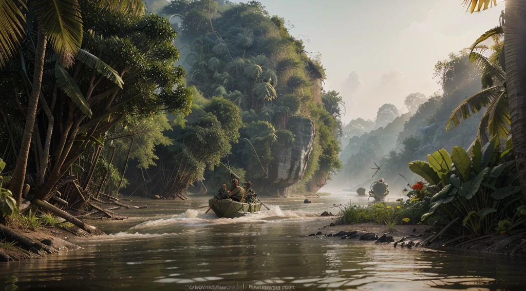 Mekong River, In the jungles of Vietnam, (Vietnam War:1.3), At dawn, with Realistic textures, Ultra HD, Realistic, bright colors, high detail, Perfect composition, from side, Beautiful detailed, difficult, insanely detailed, Octane render, Art station trend, 8K Fine Art Photography, photoRealistic concept art, soft natural volumetric cinematic perfect light