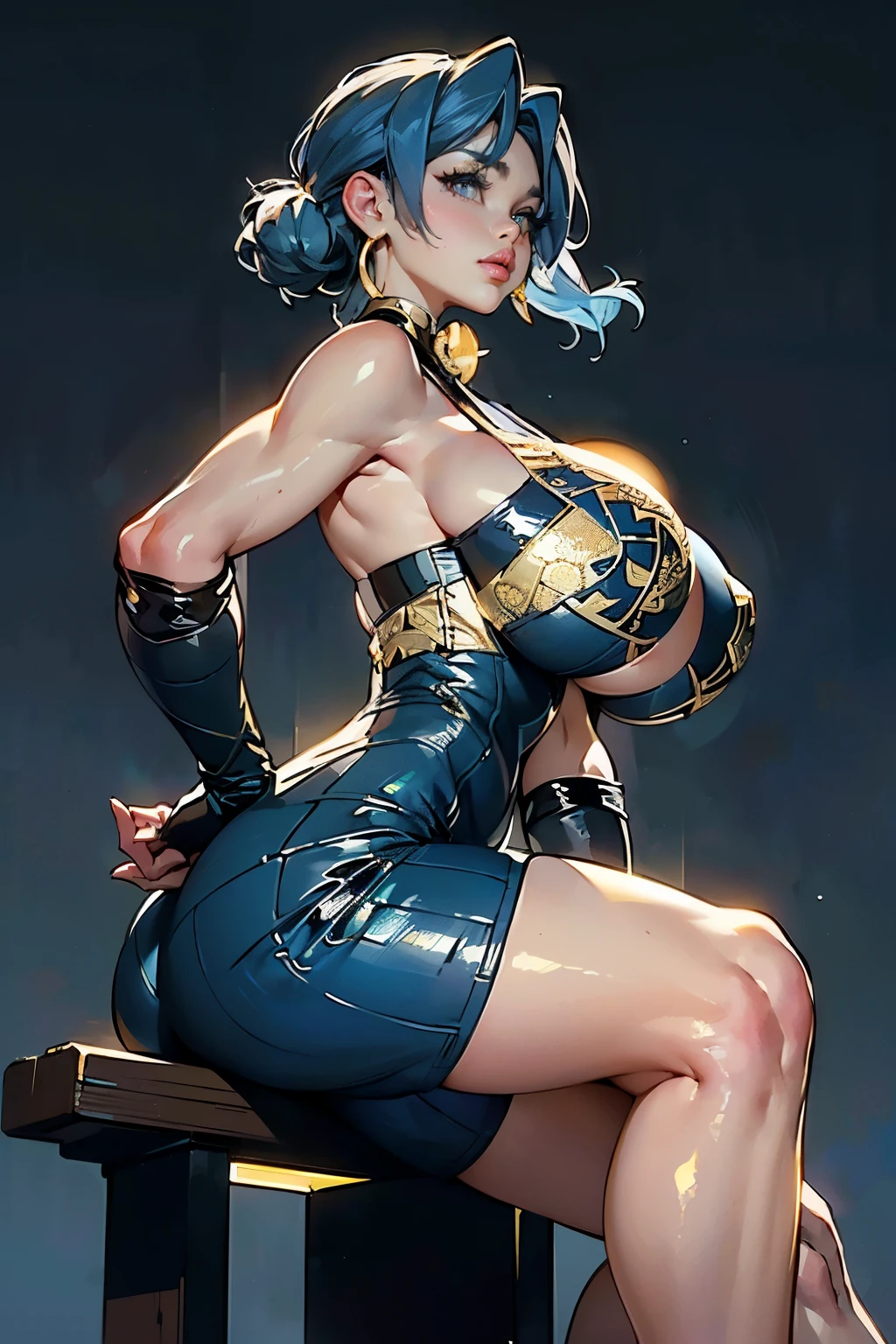 8k ((full body view)) (large eyes:1.3), (Claire), (bladerunner), pokemon, (puffy lips:1.4), defined cheekbones, ((legs spread:1.1)), ((the pit style:1.4))((bra1.6)), tight pants, sash, ((intricate details:1.4))detailed face:1.5), light skin,(puffy lips:1.5) (light skin:1.6), ((darkblue hair)), ((blue, black and gold outfit)), ((sitting pose)),((looking at viewer)), (detailed eyes:1.2), (Muscular:1.3), ((gigantic breasts:1.5)), )highly detailed, ((side view:1.6)), majestic, digital photography, art by artgerm and ruan jia and greg rutkowski, ((jewelry around leg:1.4)), (masterpiece), warm sidelighting, ((black background)), (((blue and gold color palette)))