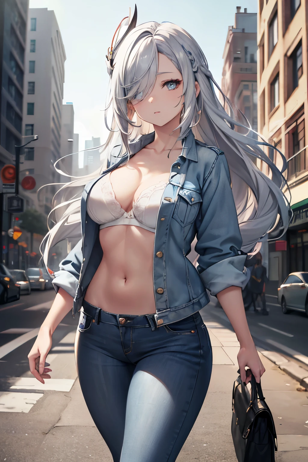 ShenheV4, (Shenhe wearing denim jacket), white bra, denim jeans, (solo:1.1), (mature woman:1.2), beautiful face, (detailed eyes), symmetric eyes, (thin lips), (long hair, grey hair, braid, hair over one eye, hair ornament), (beautiful round breasts), voluptuous body, abs, bare belly, slim waist, (masterpiece, best qualty), soft ambient lighting, standing, front view, city street background, buildings, new york, vivid colors, sunny day, blue sky, looking at the viewer, slim waist, HD, 8K, vivid colors, intricate, (absurdres:1.2), bokeh, ((detailed face)), facial details, (pov thighs)