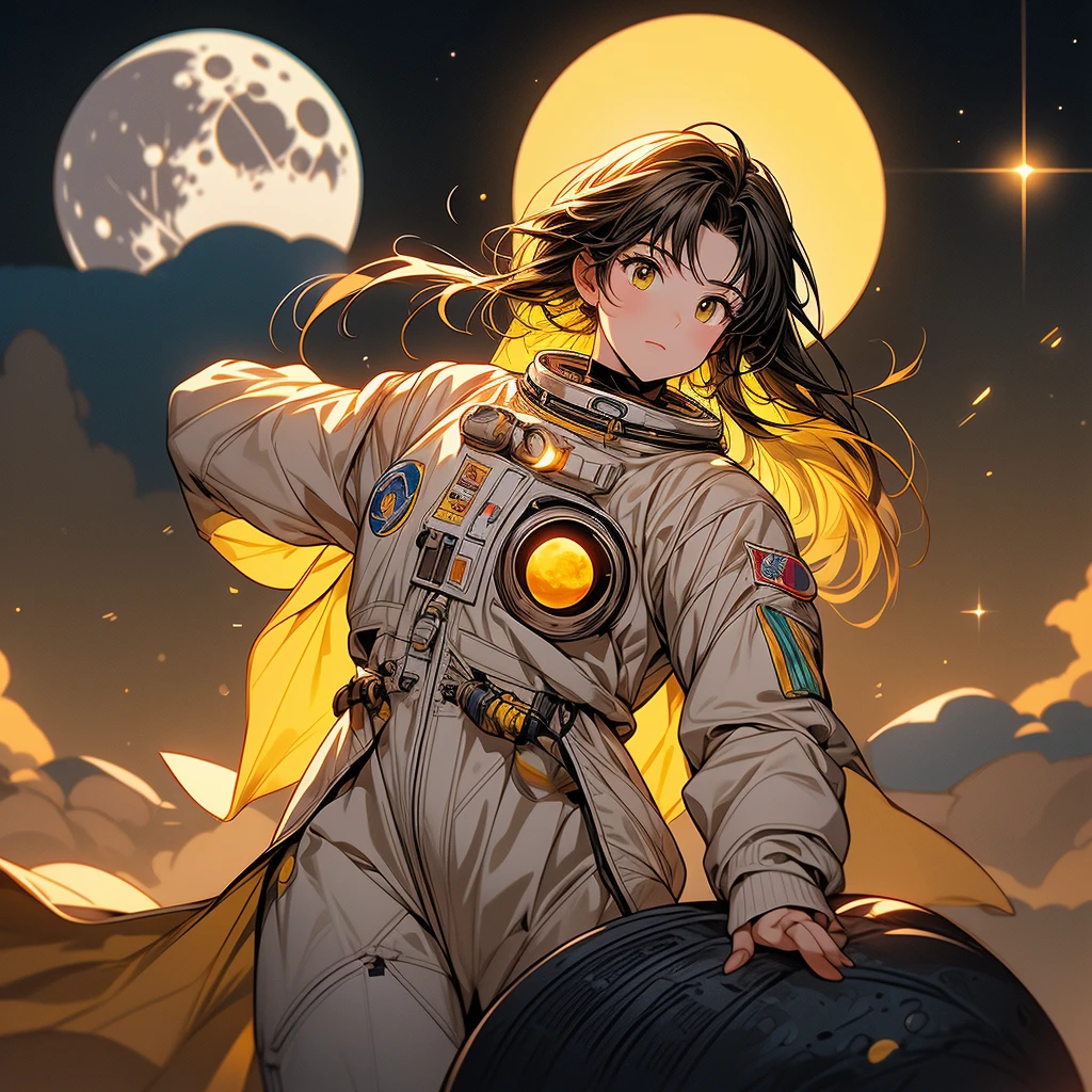 masterpiece, high-quality, high-definition, high-resolution, anime style, warm color palette, full body, no air, delivery person, cool lighting, freezing surroundings, (a moon astronaut woman is Weightless Posing and reaching for the moon:1.3), calm and serious facial features, tense expression, wears cool space suit, (Background is Full moon shines yellow:1.5), richly drawn and delicate,