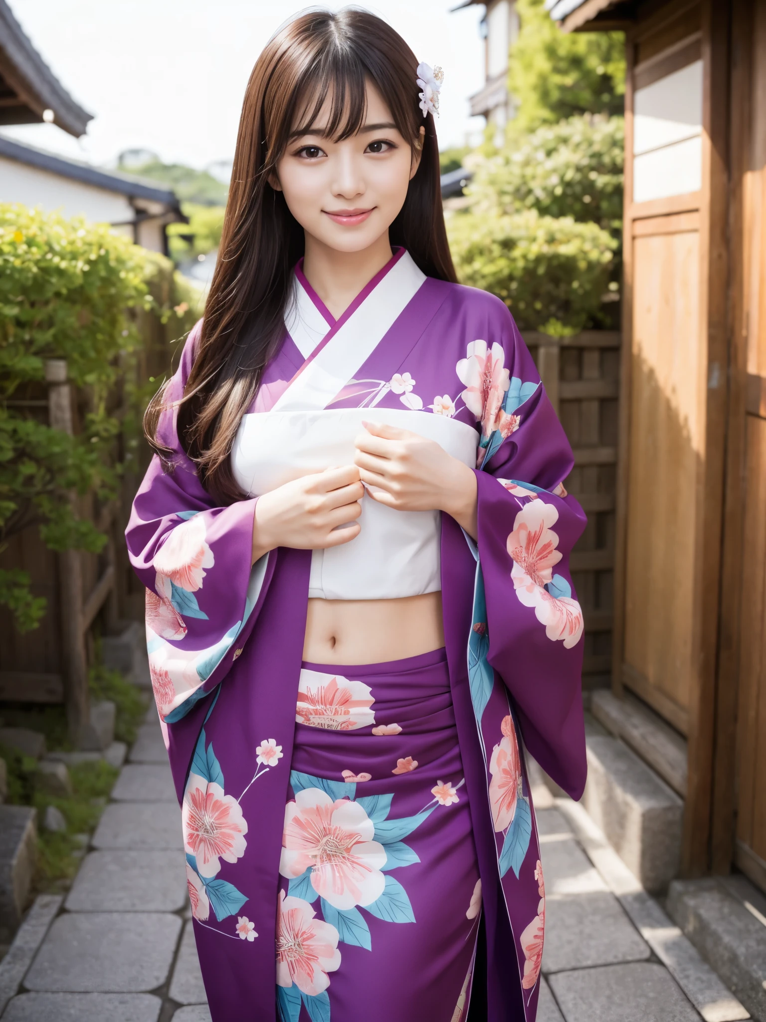 Beautiful woman in neat Japanese clothes、((best qualtiy、8k masterpieces:1.3))、foco nítido:1.2、(ultra beautiful faces:1.0)、(shinny skin:1.0)、photos realistic、A dark-haired、Video Lighting、High-definition eyes and face、Video Lighting、Japan Idol Actress、from the front side、medium breasts、Smile、Slender Abs Beauty、Whole body、In furisode