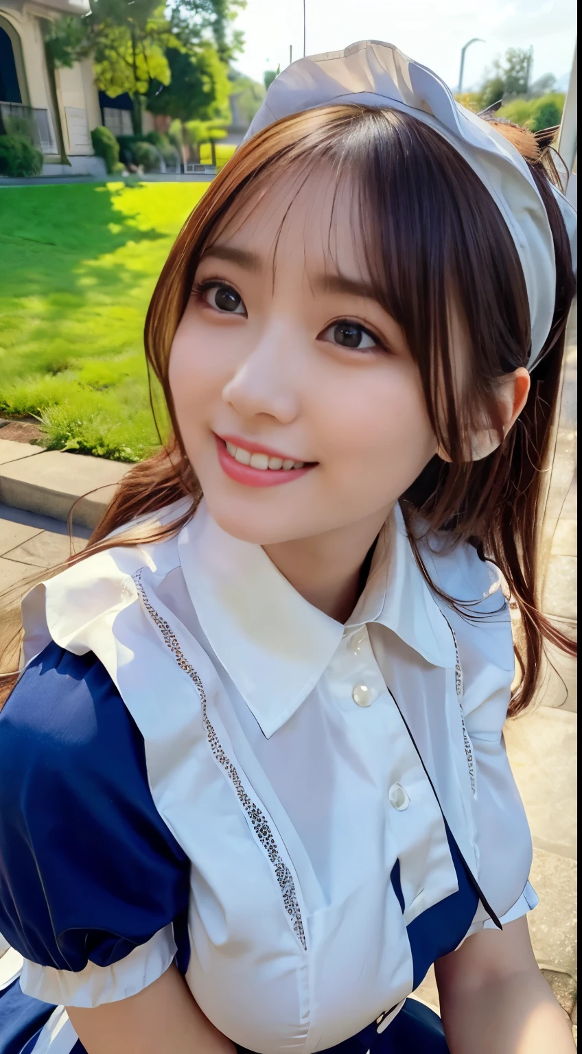 masterpiece,best quality,ultra detailed,4K,super fine,highly detailed beautiful face and eyes,professional lighting,bright atmosphere,1girl,gigantic breasts,glamor,(traditional maid collared shirt:1.3),long skirt,long hair,laughing,fearless smile,(looking up:1.2),flying bubble,(soap bubble,air bubble,bubble:1.1),(clear blue sky:1.2),lens flare,bright,sunlight,outdoors,from below,dynamic angle, 