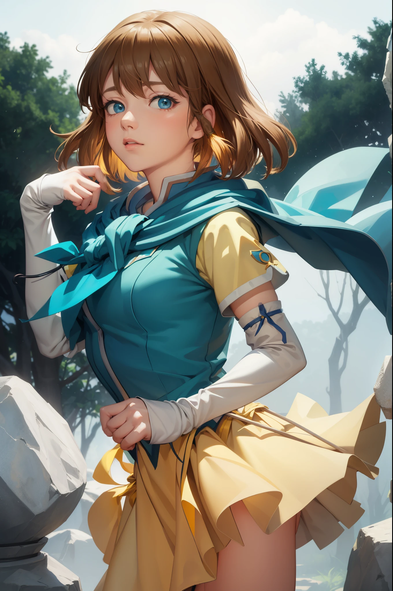 masterpiece, best quality, feMist, blue capelet, yellow shirt, pleated skirt, arm warmers, white socks, boots, standing, from behind, looking to the side, forest, night 