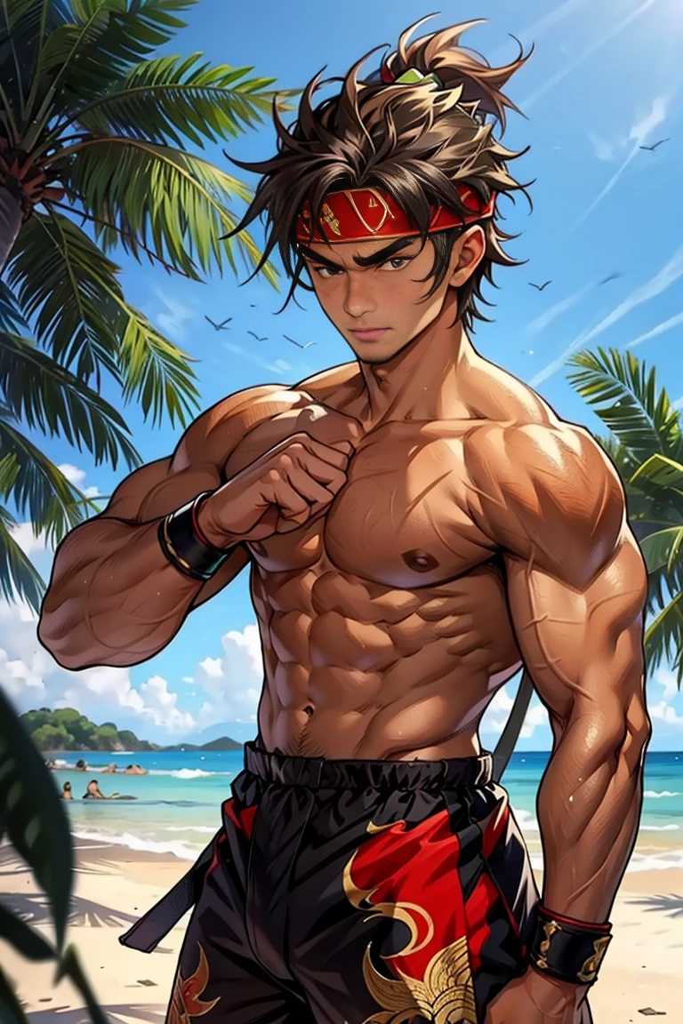 (Masterpiece, Best quality  boy，Shota), solo, Young, boy, Dark Short hair, full bodyesbian, Shirtless, topless, green headband, Vivid colors,(Depth of field:1.2),(Abs), view the viewer, black wristband, closed mouth, topless male, pale tanned skin with tight muscler body, Man with martial arts stance, epic muay thai pose