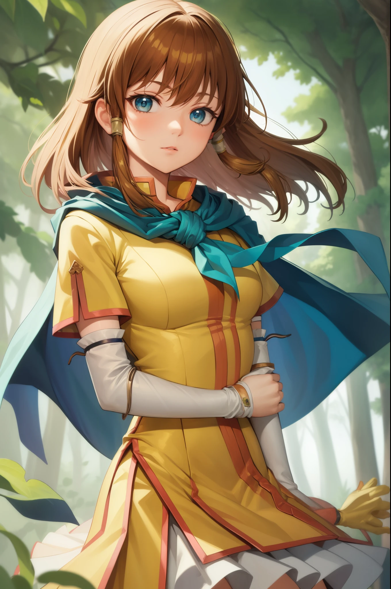 masterpiece, best quality, feMist, blue capelet, yellow shirt, arm warmers, pleated skirt, upper body, looking at viewer, dense forest,