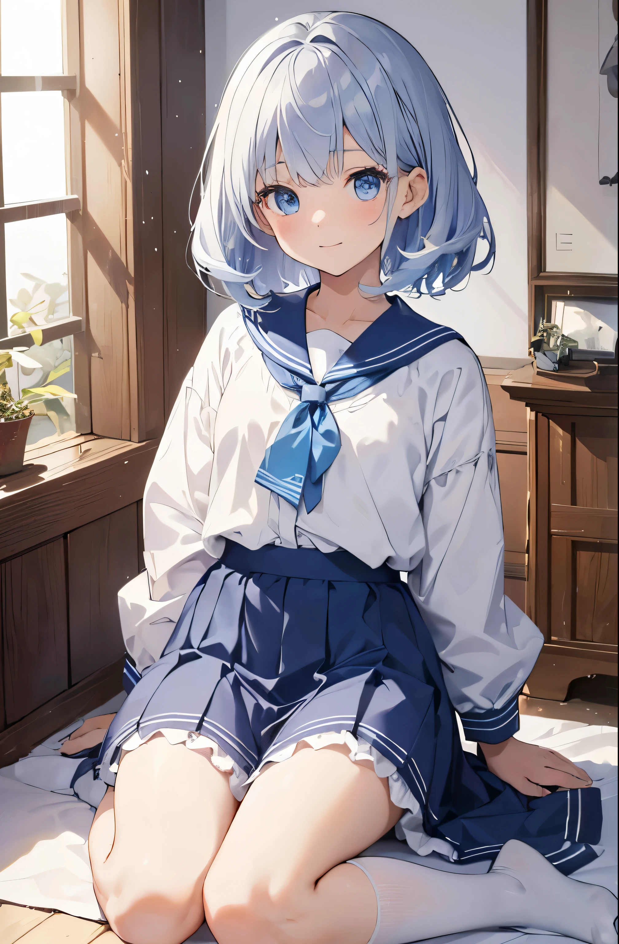 ((highest quality))、((8K))、((High resolution))、((masterpiece、Super detailed))、一人、(height 140cmlittle girl)、((Looking at the camera from the front))、((photo from the knees up))、((standing))、beautiful and delicate blue eyes、beautiful smooth silver hair、Fluffy short hair、gentle and adorable big eyes、smile、((Perfect and beautiful fingertips))、 wearing a light blue sailor suit、flat chest、(white stockings)