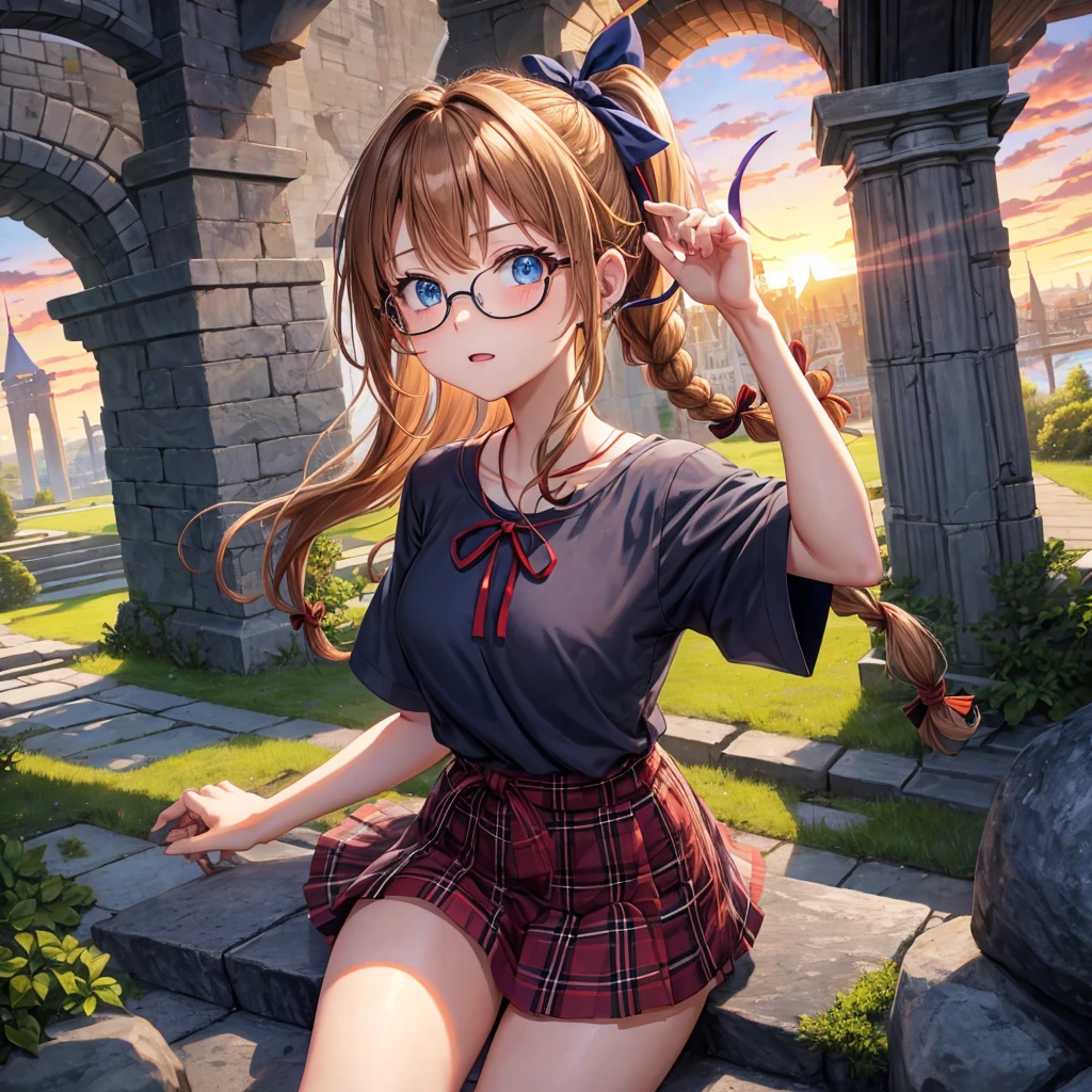 reddish-brown blonde、blue hair、blue eyes、ponytail、Braid、one good looking girl、solo、anime、Plaid miniskirt、camisole、black t-shirt、Tilting your face、Doing the ribbon、Ribbon at waist、sunset sky、stone stairs、tunnel、Fallen leaves、wearing glasses、Light and shadow、maze、monster castle、lanthanum、corridor、Black socks、mossy stone、One leg is raised、pinwheel、castle floating in the air
