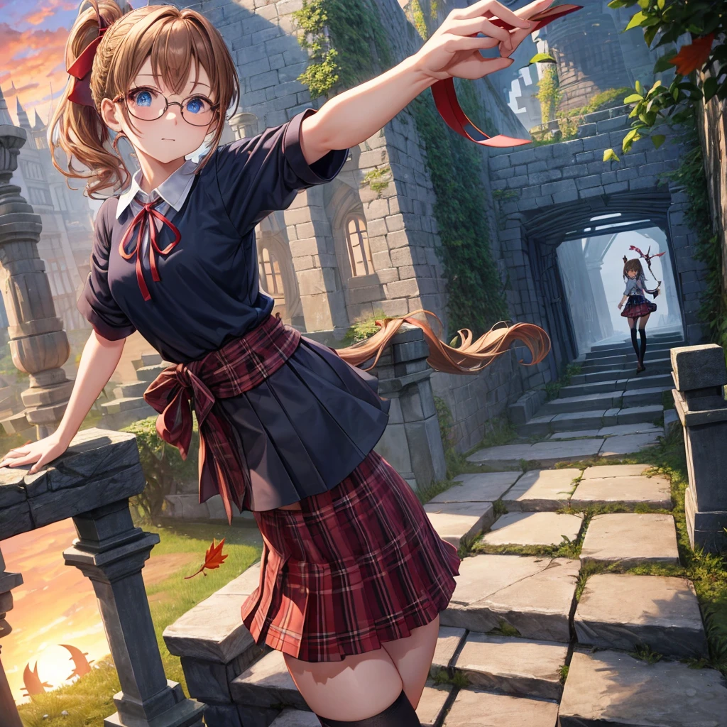 reddish-brown blonde、blue hair、blue eyes、ponytail、Braid、one good looking girl、solo、anime、Plaid miniskirt、camisole、black t-shirt、Tilting your face、Doing the ribbon、Ribbon at waist、sunset sky、stone stairs、tunnel、Fallen leaves、wearing glasses、Light and shadow、maze、monster castle、lanthanum、corridor、Black socks、mossy stone、One leg is raised、pinwheel、castle floating in the air