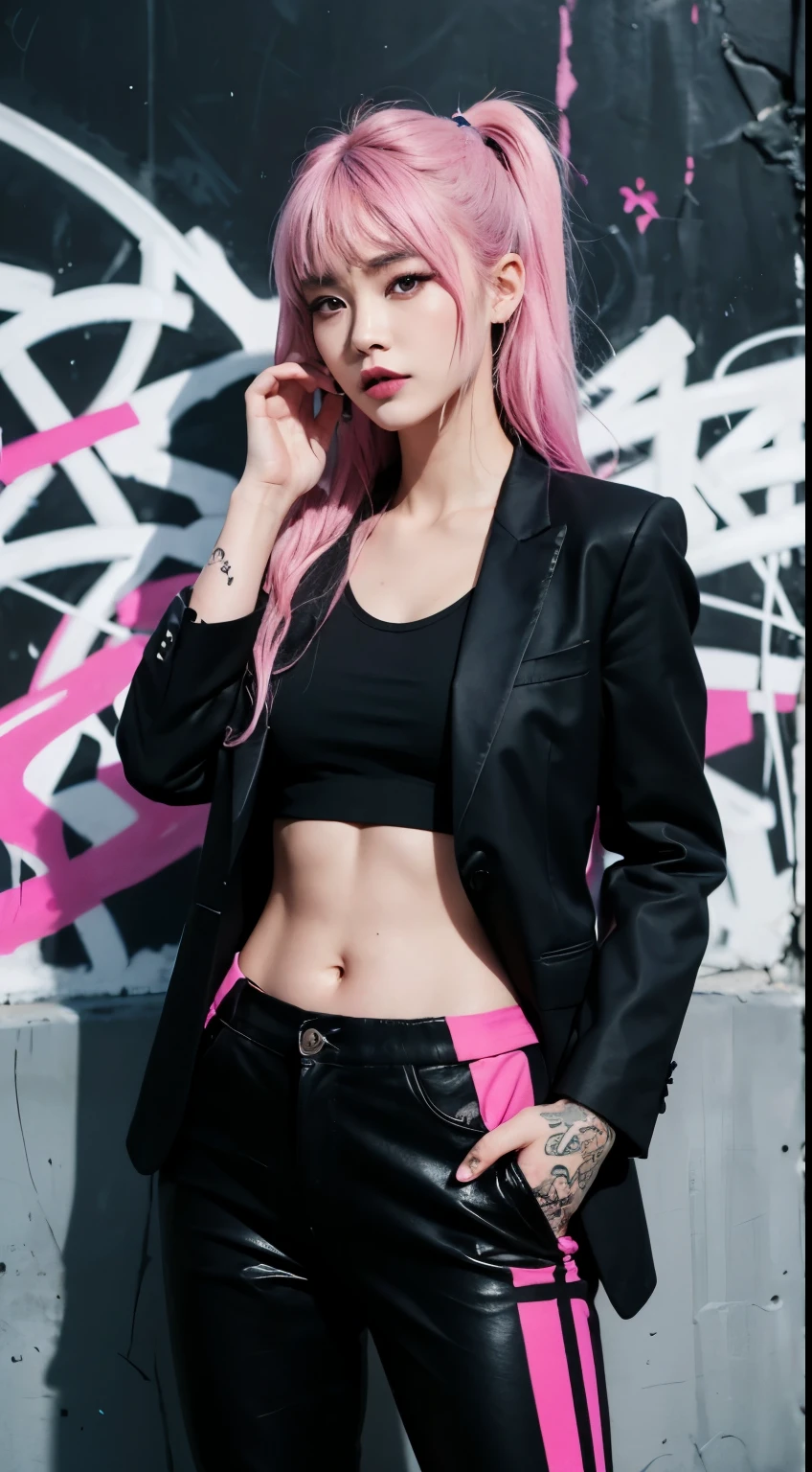 Realistic skin, best quality, Clarity, 4k, 8k, detail, actual, tattoed Girl, Korean makeup, black lips, pink and blue medium mullet hair, Perfect six pack body, stand, pose standing, medium chest, dark blazer top, black legging Pants, Solid graffiti wall background, Graffiti art,