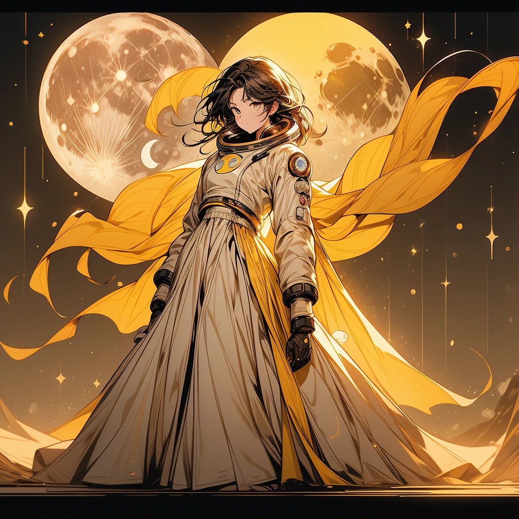masterpiece, high-quality, high-definition, high-resolution, anime style, warm color palette, full body, no air, delivery person, cool lighting, freezing surroundings, (a moon astronaut woman is Weightless Posing and reaching for the moon:1.3), calm and serious facial features, tense expression, wears cool space suit, (Background is a Full moon shines yellow:1.5), richly drawn and delicate,