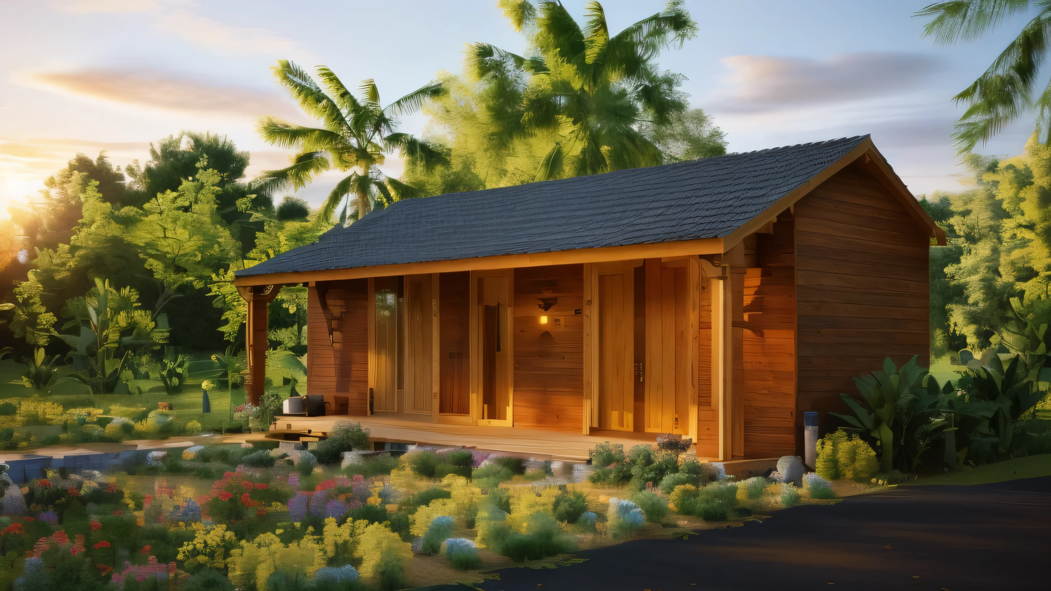 a rendering of a small house with a porch and a covered porch, luxurious wooden cottage, wooden cottage, wooden house, wooden buildings, wooden houses, small houses, tiny house, wooden structures, wide angle exterior 2022, bamboo huts, passive house, hidden tiny houses, peaceful wooden mansion, with a front porch, rendering, architectural 3 d render